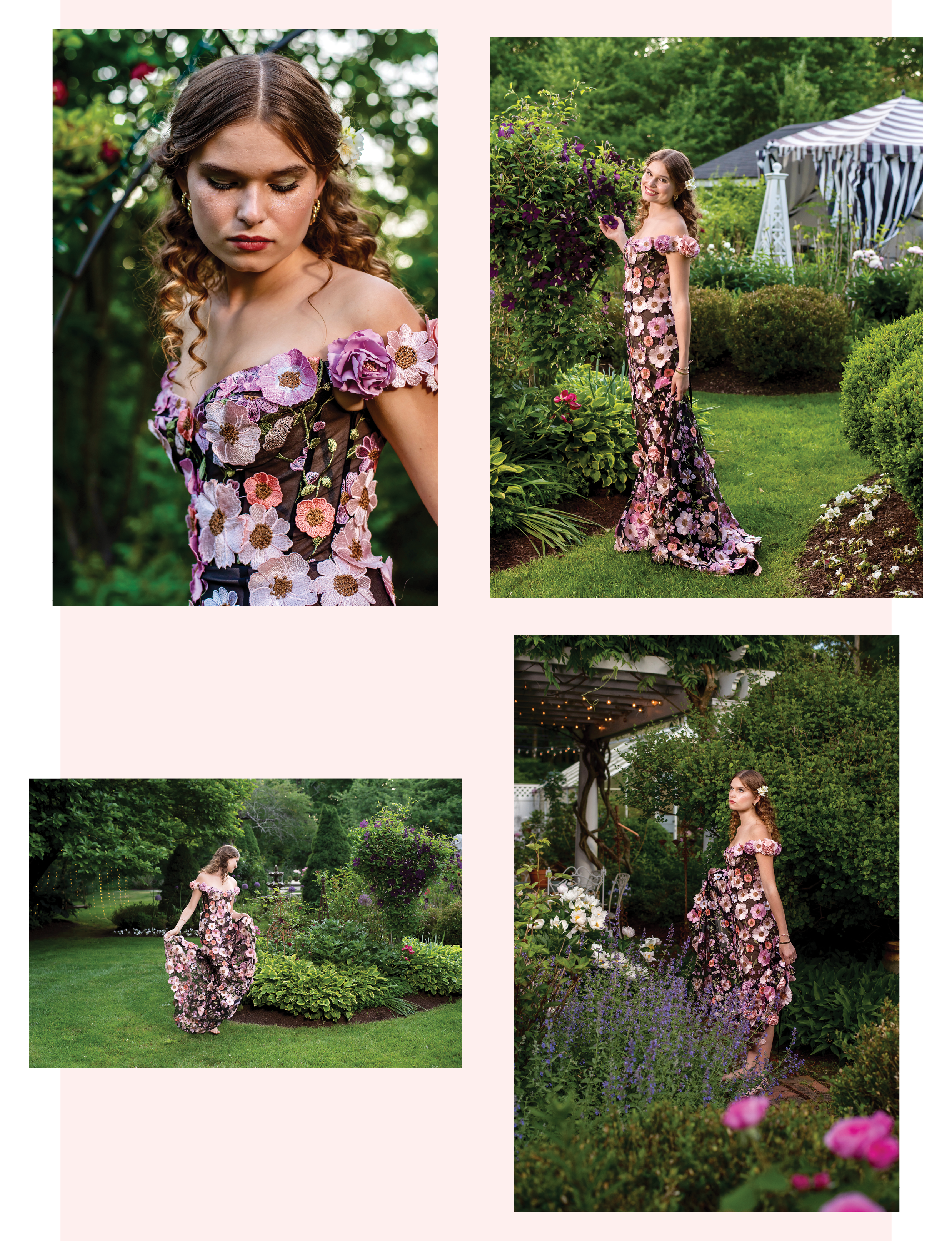 model Samantha Lee posing in garden in summer