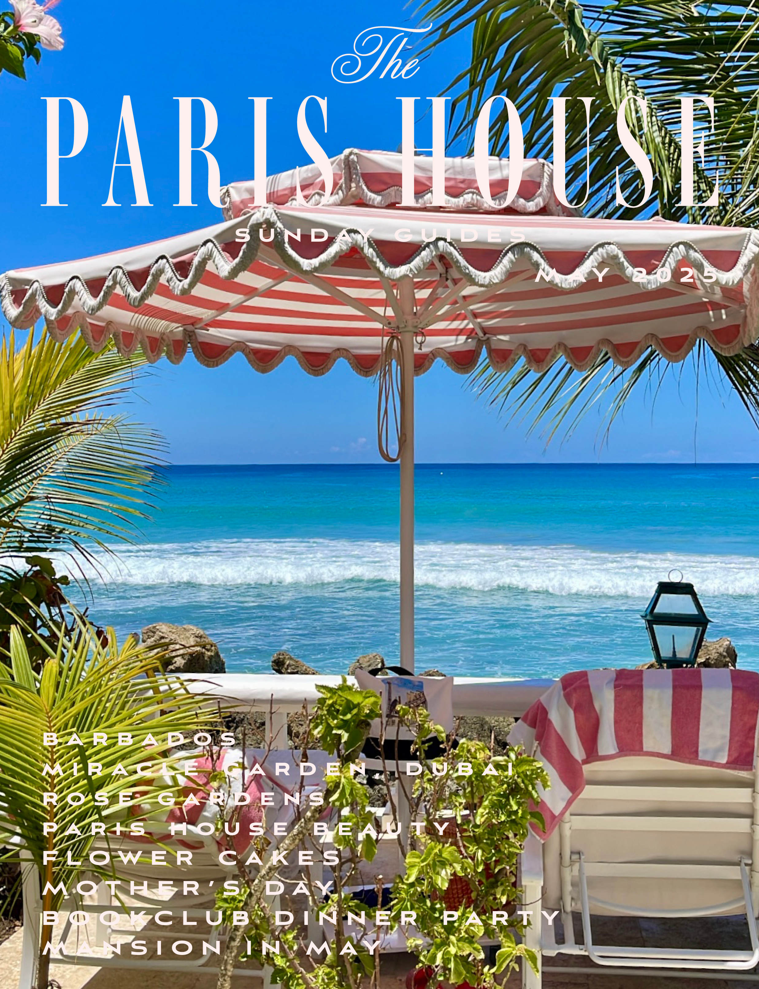 cover for Sunday Guides by The Paris House, featuring a pink-and-white striped umbrella and ocean view at the Cobblers Cove resort in Barbados