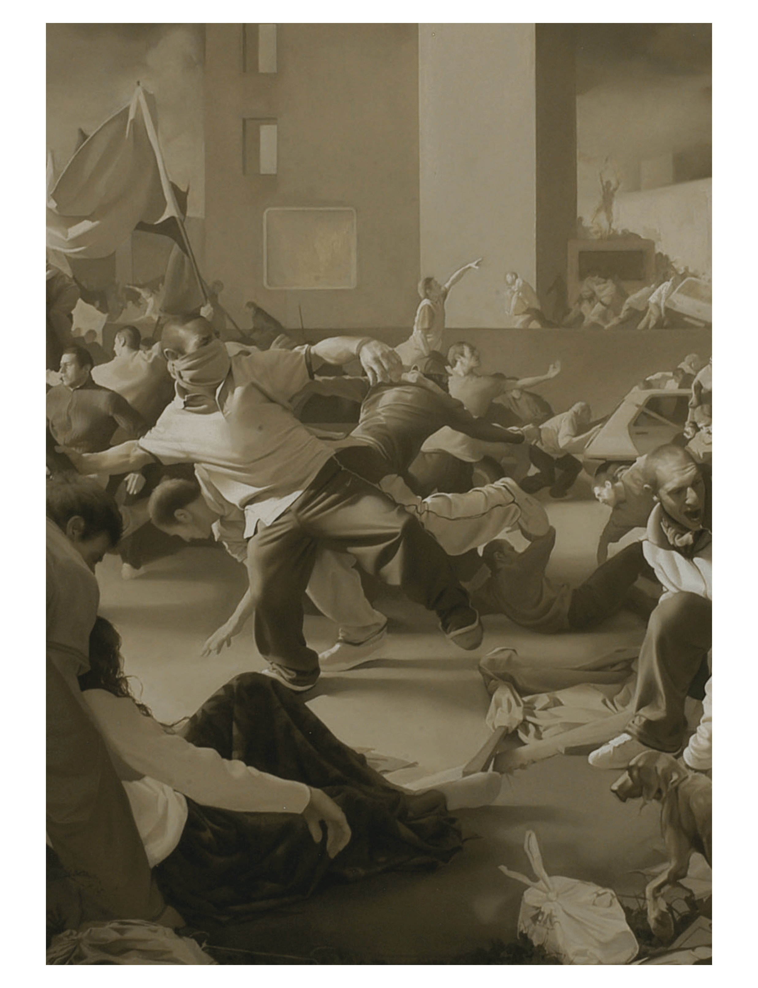 Sans titre (Untitled), a contemporary figurative oil painting by French artist Guillaume Bresson, known for depicting urban unrest with classical compositional techniques