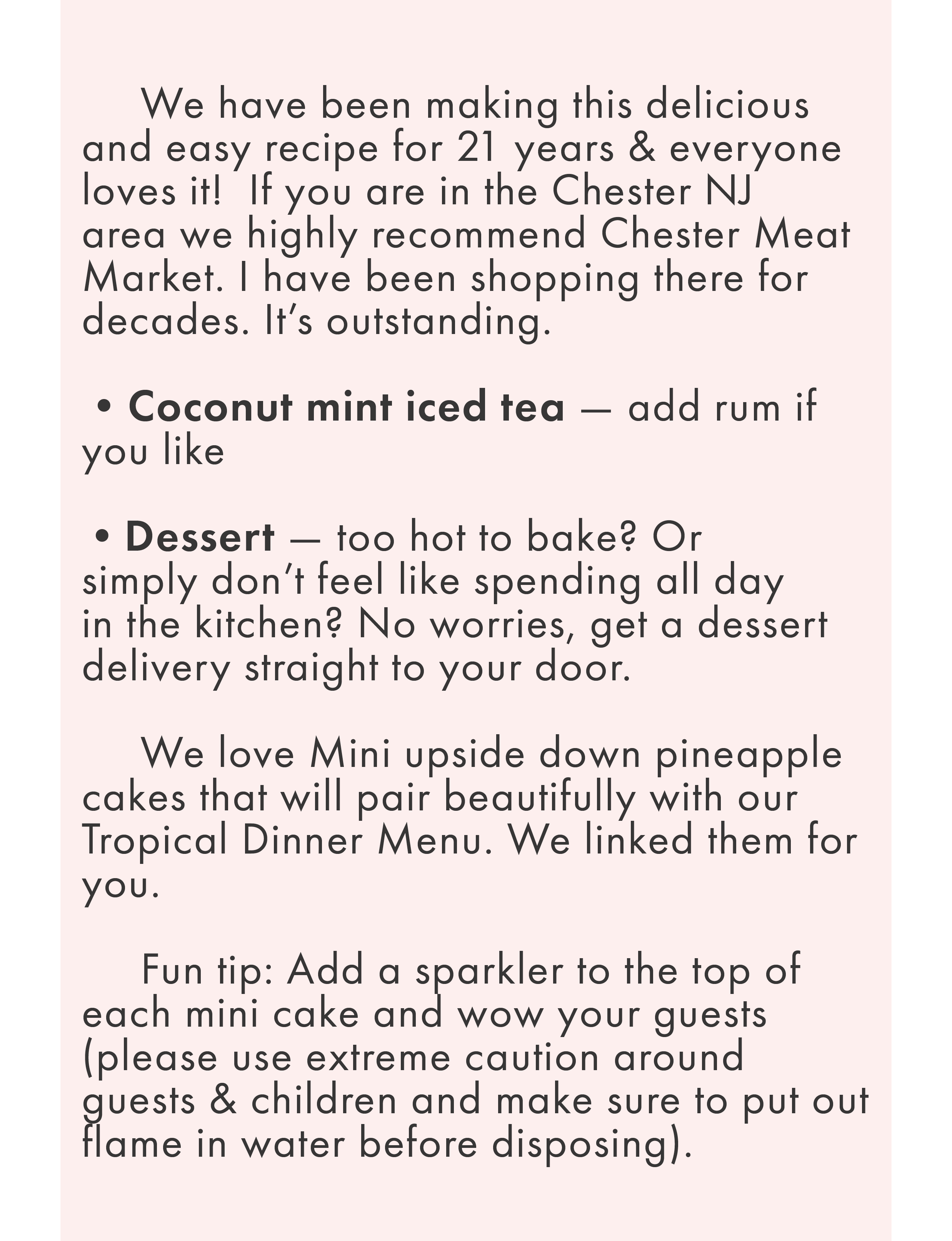 coconut mint iced tea, dessert, mini upside down pineapple cake, summer decorations