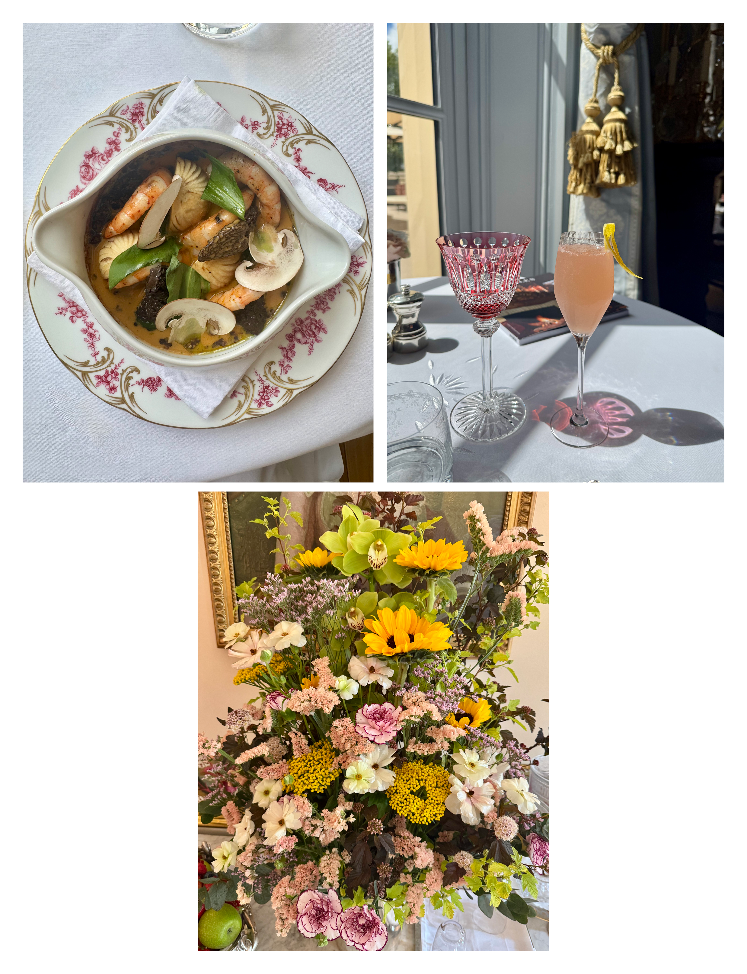a collage featuring a refined seafood dish with prawns and mushrooms in a rich broth, accompanied by a pink cocktail in a coupe glass and a vibrant, large floral arrangement filled with sunflowers and mixed seasonal blooms