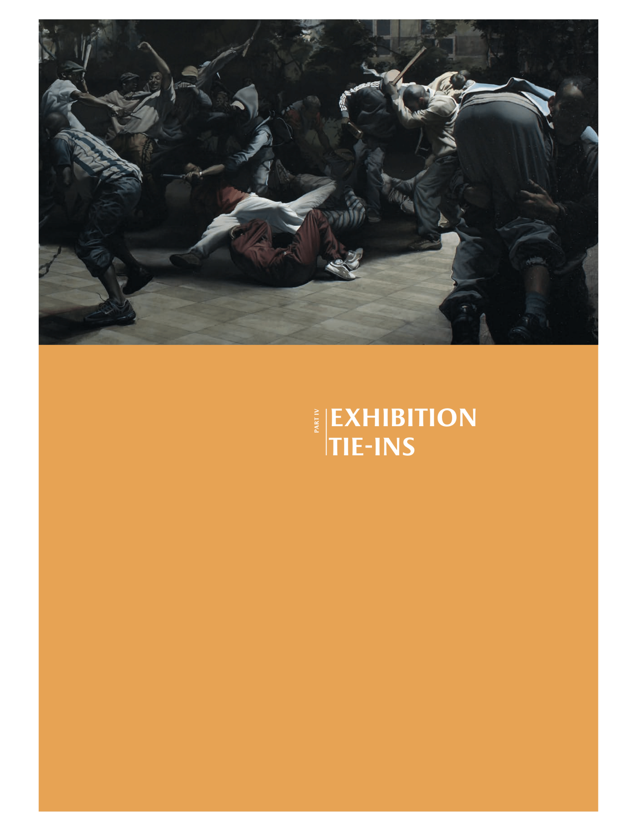 a realistic contemporary painting depicting a chaotic group or brawl of figures in motion over a tiled floor, labeled as part of an exhibition layout titled "Exhibition Tie-Ins."
