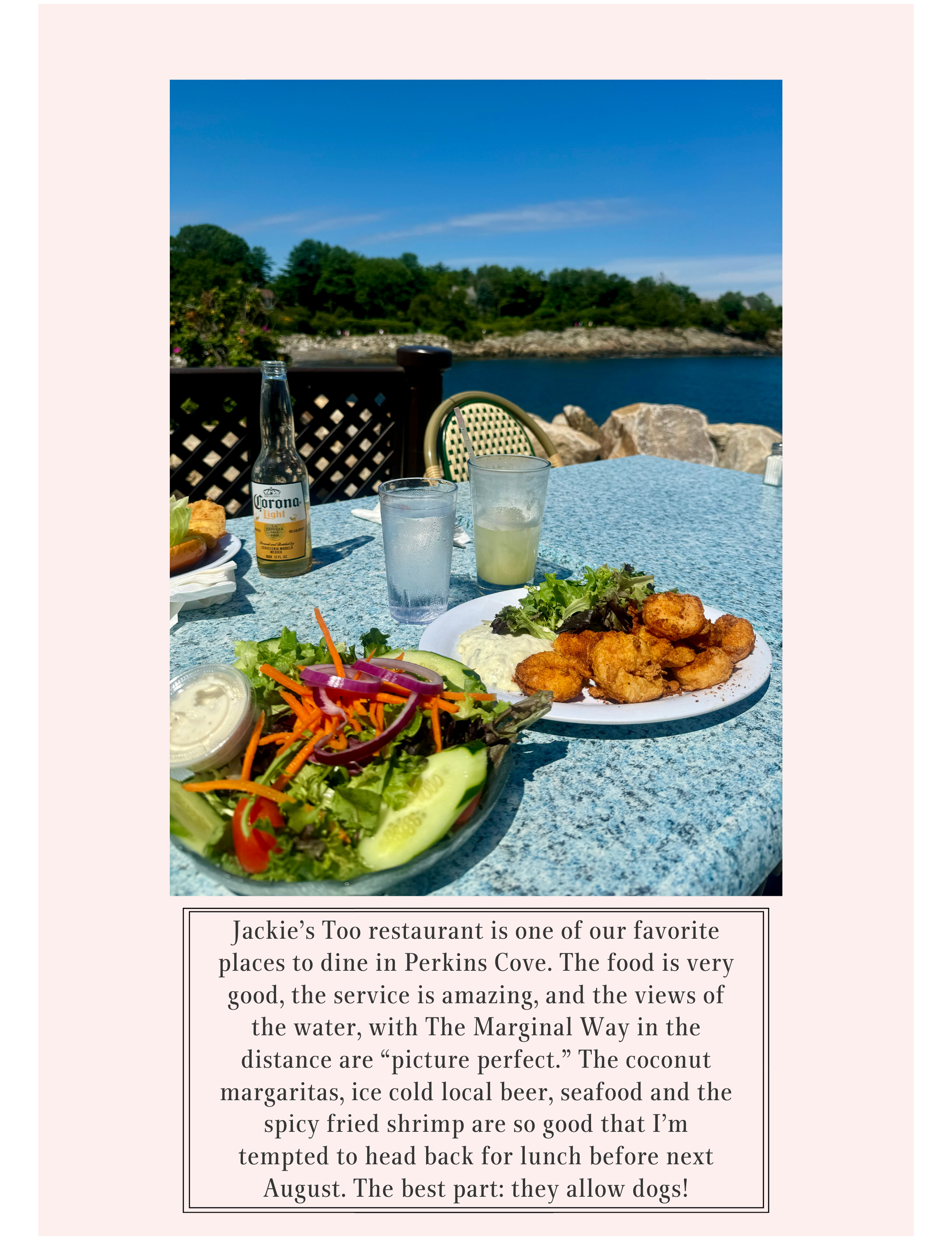 outdoor waterfront dining table set with a plate of fried shrimp, a fresh garden salad, refreshing drinks, and a bottle of Corona Light, capturing a scenic lunch scene from Jackie’s Too in Perkins Cove, Maine
