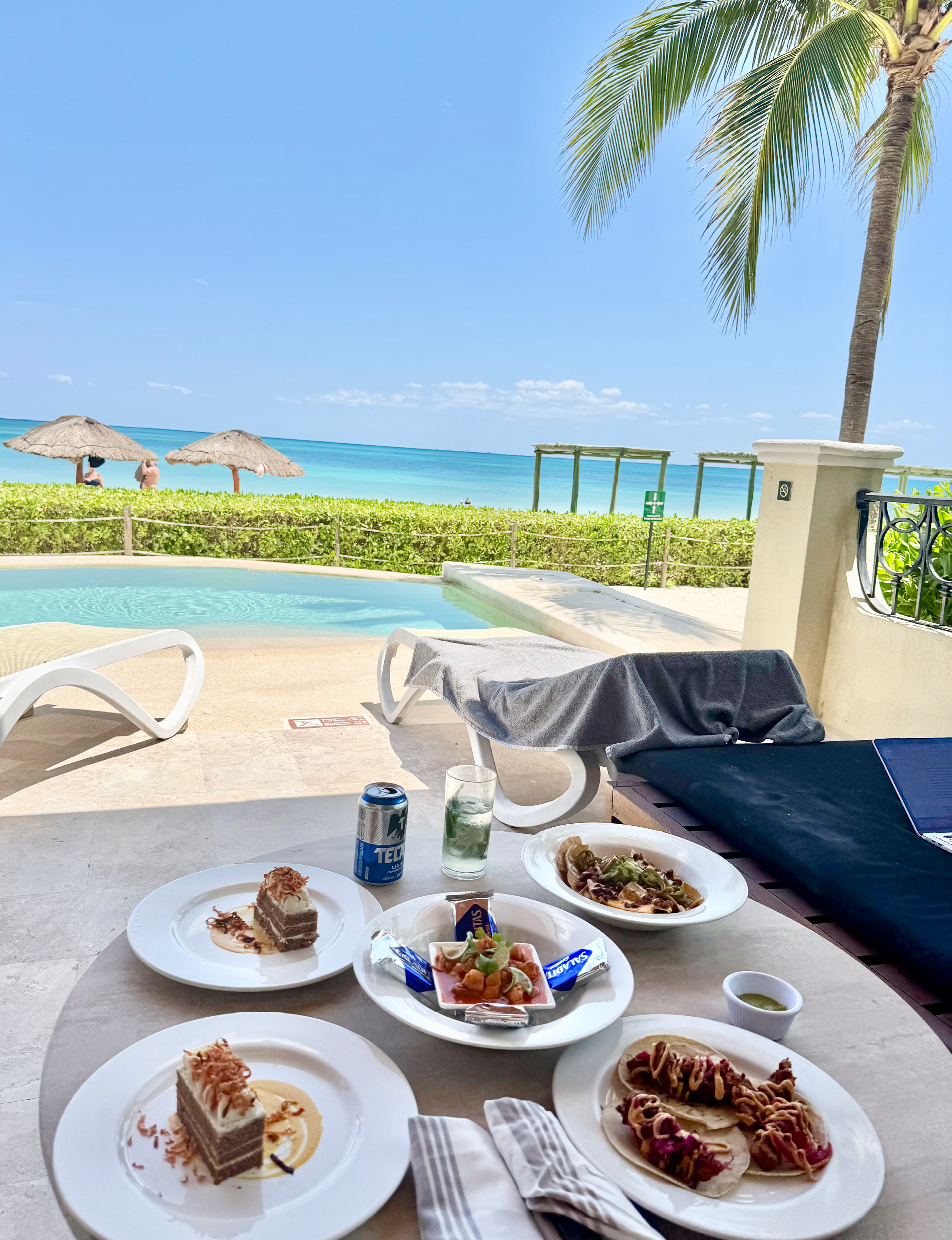Hyatt Hotel Riviera Maya poolside appetizers and dessert with ocean sky and tropical palm tree