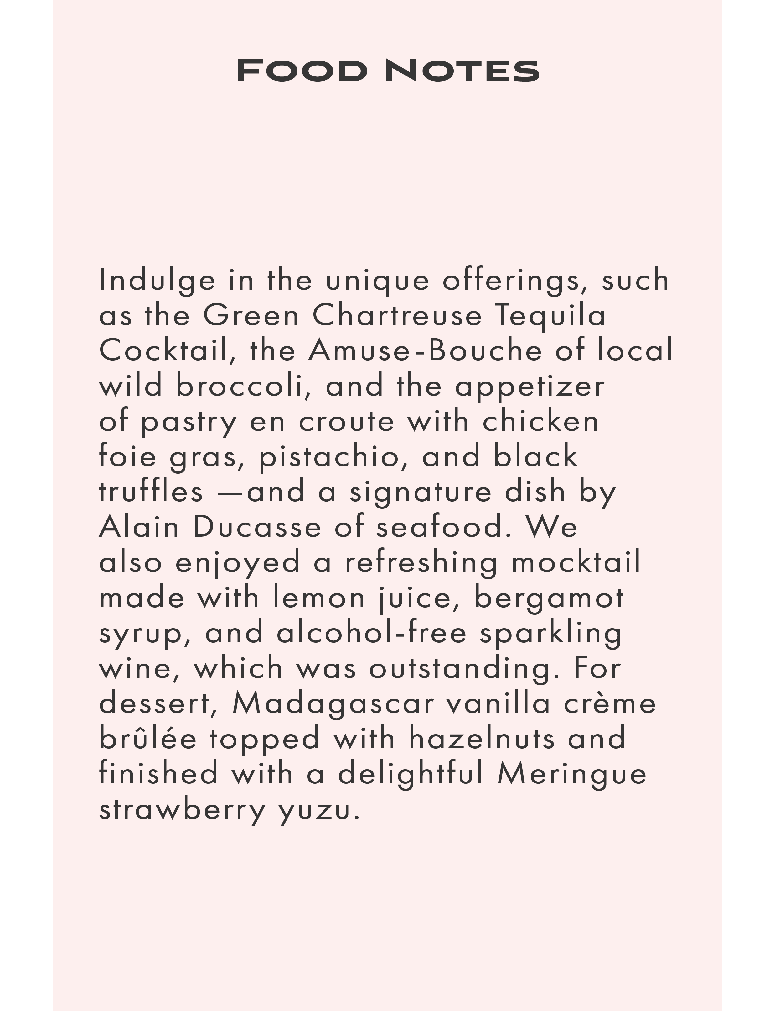 about a fine dining experience featuring creative cocktails, local amuse-bouches, a signature seafood dish by Alain Ducasse, and an elaborate dessert