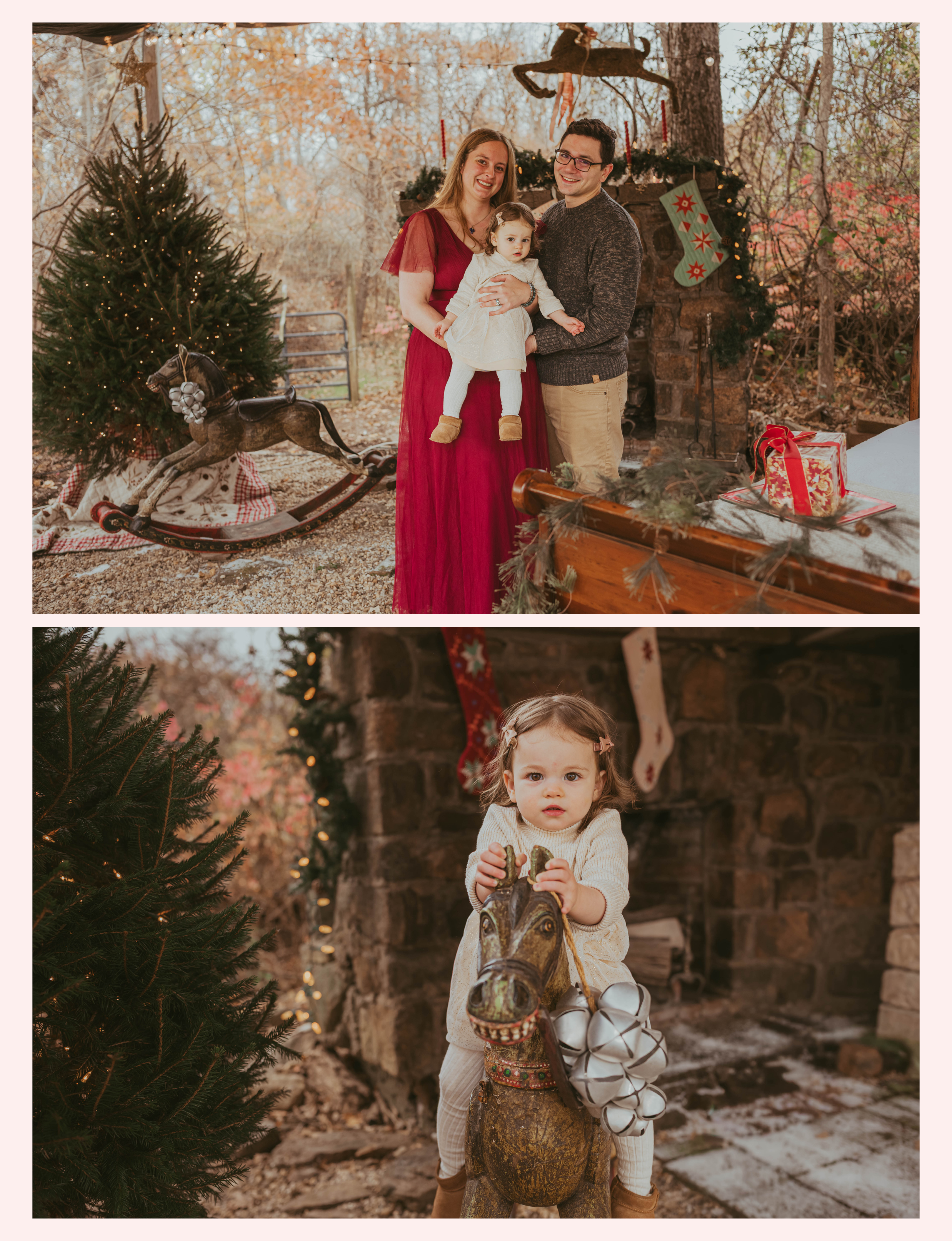 Family Christmas photo with little girl on rocking horse