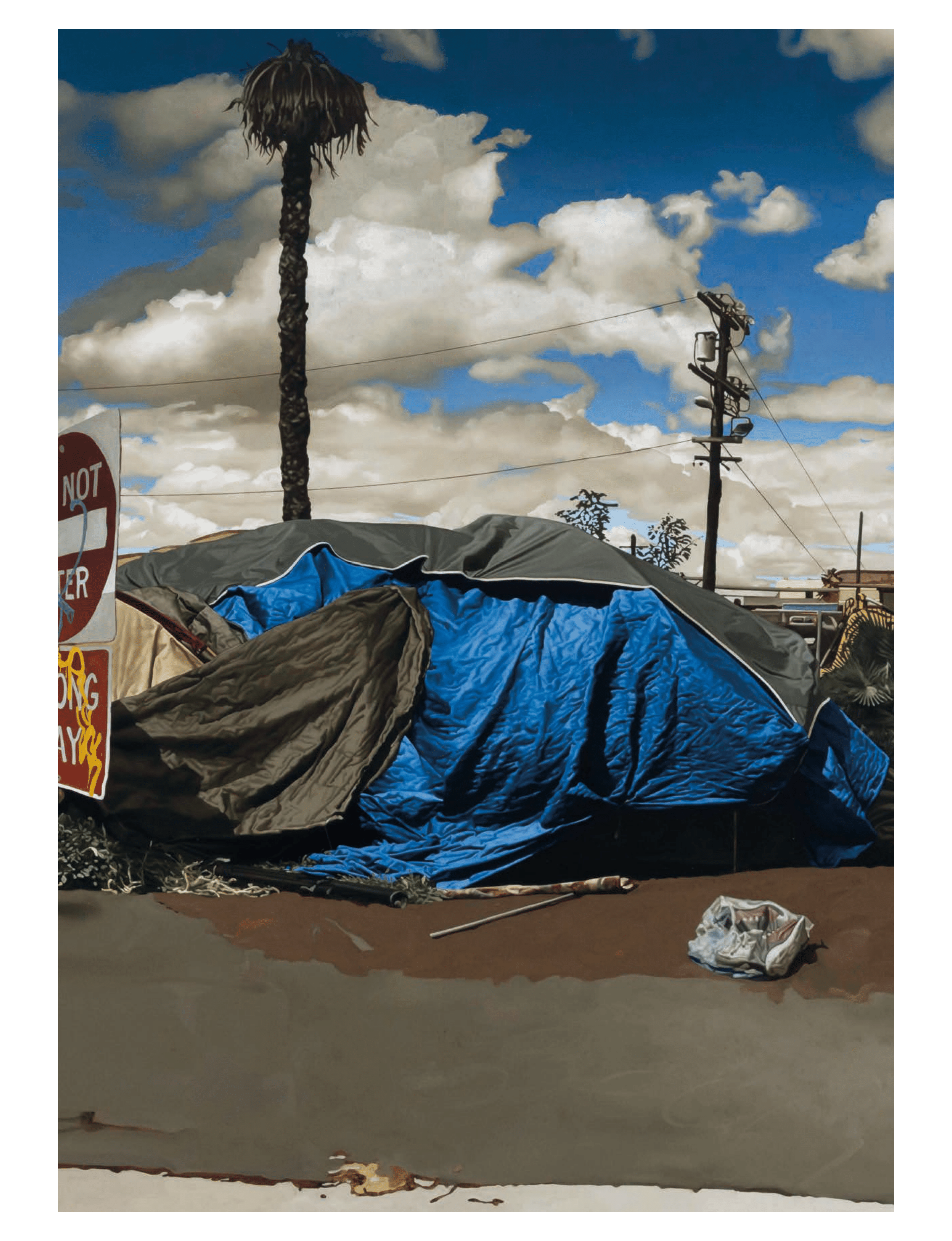 a makeshift urban encampment covered with blue and gray tarps, highlighting the pressing societal challenge of homelessness