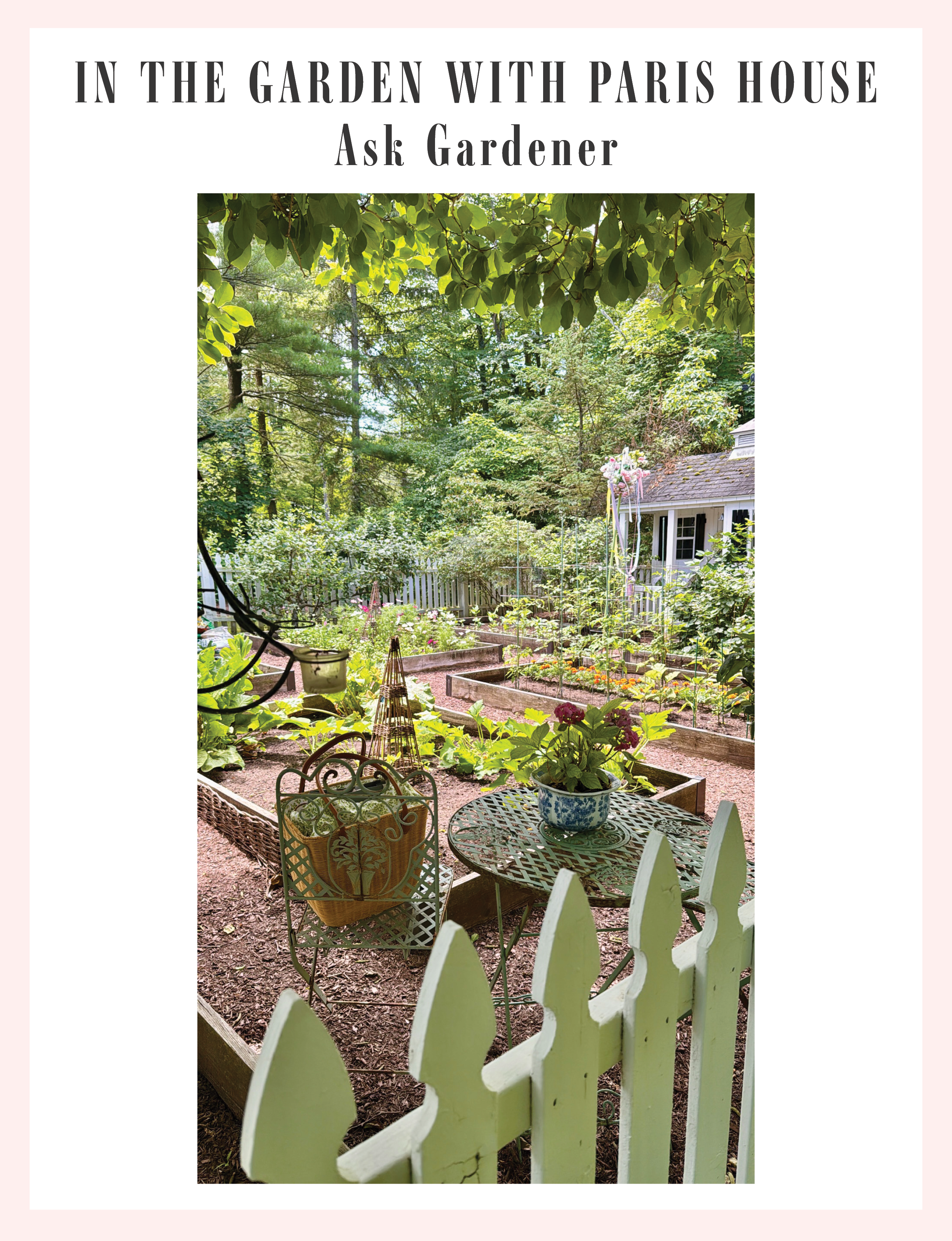 The Paris House gardens in Long Valley New Jersey featuring raised wooden beds, a classic white picket fence, and a quaint garden shed nestled among lush greenery
