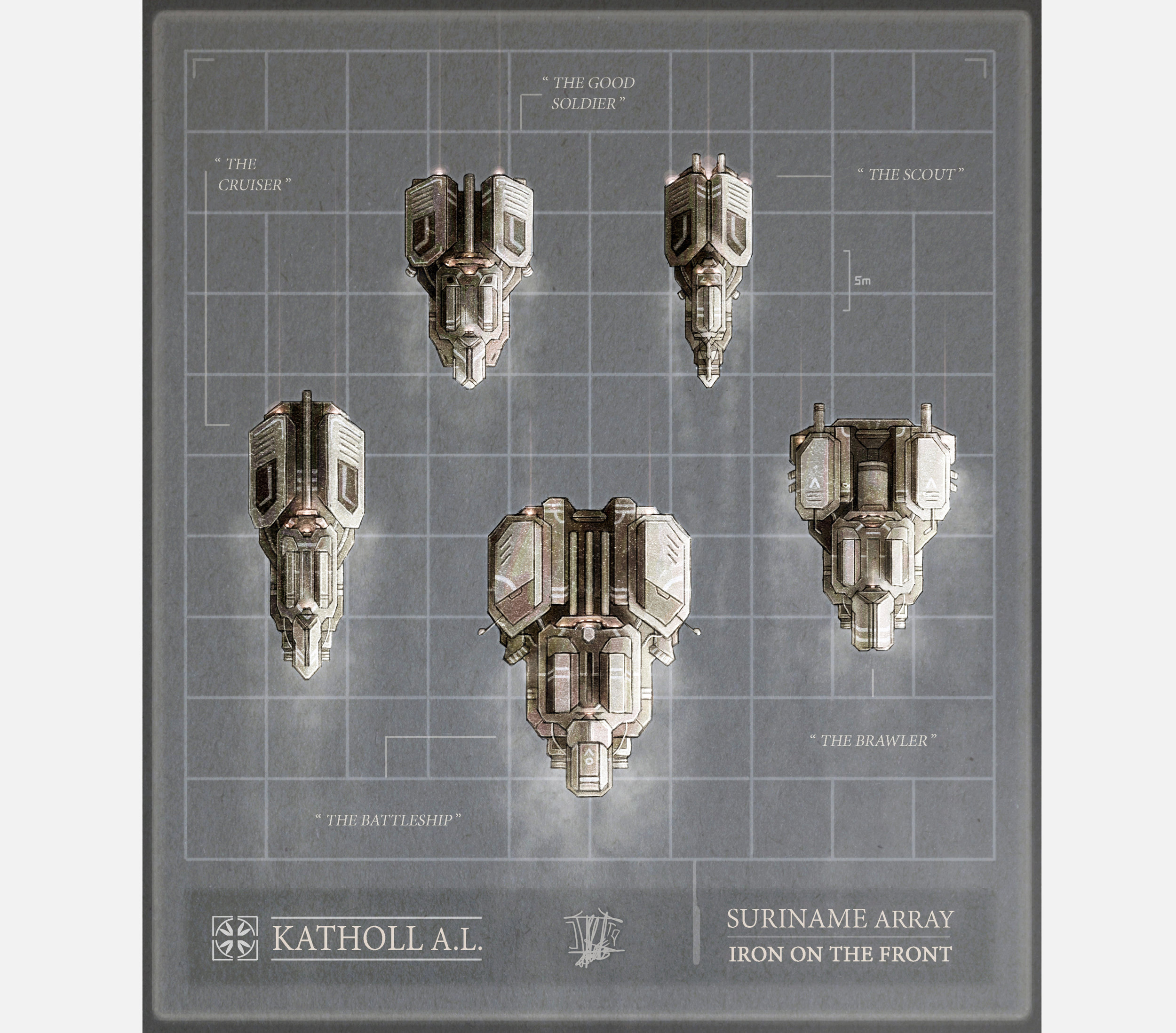 Katholl's Suriname family of aerospace gunships. This promotional shows the five hull types over a six metre grid. Clockwise from left: Model CVA-40 the Cruiser features speed and lethal precision. Its business is the hunting of opponent ships. To that end its Linebhek railgun hurls the fastest projectiles of any Katholl unit. Model MK-V is the shock-trooping generalist of the array, and the most numerous in any engagement. It is hardy, amply protected, and stops at nothing. Model LMR-2X is a swift, nimble reconnaissance platform packing a decent punch for its size. It operates alone or in pairs, frequently with a CVA-40 close behind. Model BM-H4K is a short-range butcher fielding a massive demolition gun. When employed in conventional assaults it typically motors insidiously in just behind the vanguard. Model MB-GH8 is aptly dubbed, and the heftiest of the array. It spearheads assaults with its battering ram of a prow, and more than trebles the armament of a MK-V. It is a target of high value, and rarely spotted alone.