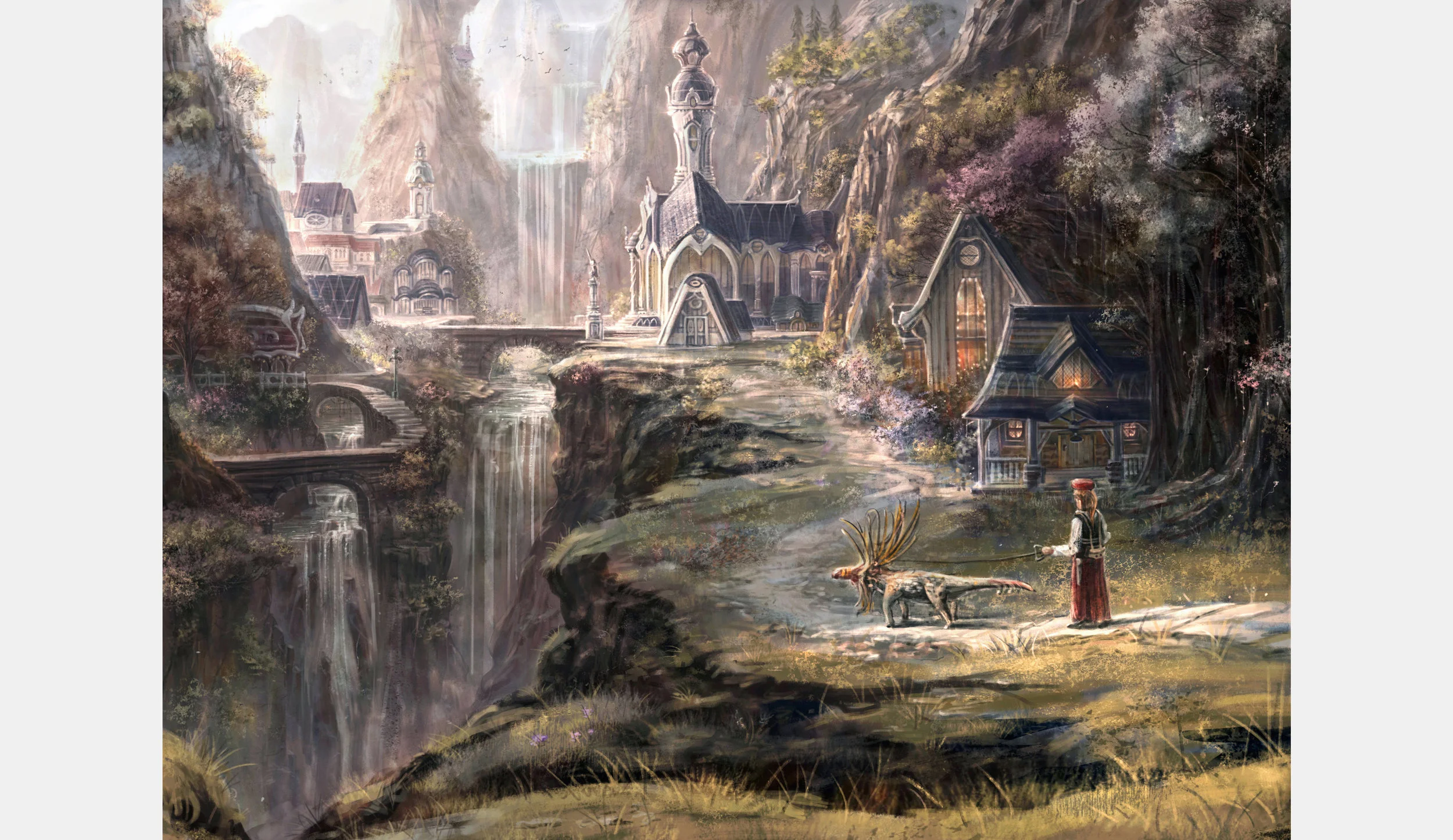 The roofs of Denquien (Cortin) are instantly recognisable for their blue slate. A peripheral scion of Calais, Denquien possesses the capacity for agrarian self-sufficiency at a pinch. It also taps its neighbourhood’s maze of rapids, rivulets, and falls for much of its power, rosters its own sentries, and runs two of its own oegels — thus needing very little from the Citadel. Accessing Denquien’s gondola station — its only link to the civic grid, save for some very taxing footpaths — does however mean a good half-hour of walking. Its ninety-six residents have not agitated for firmer connections to Calais proper, and seem content to light their own parallel but quaintly distinct path through the darkness of Carentan.