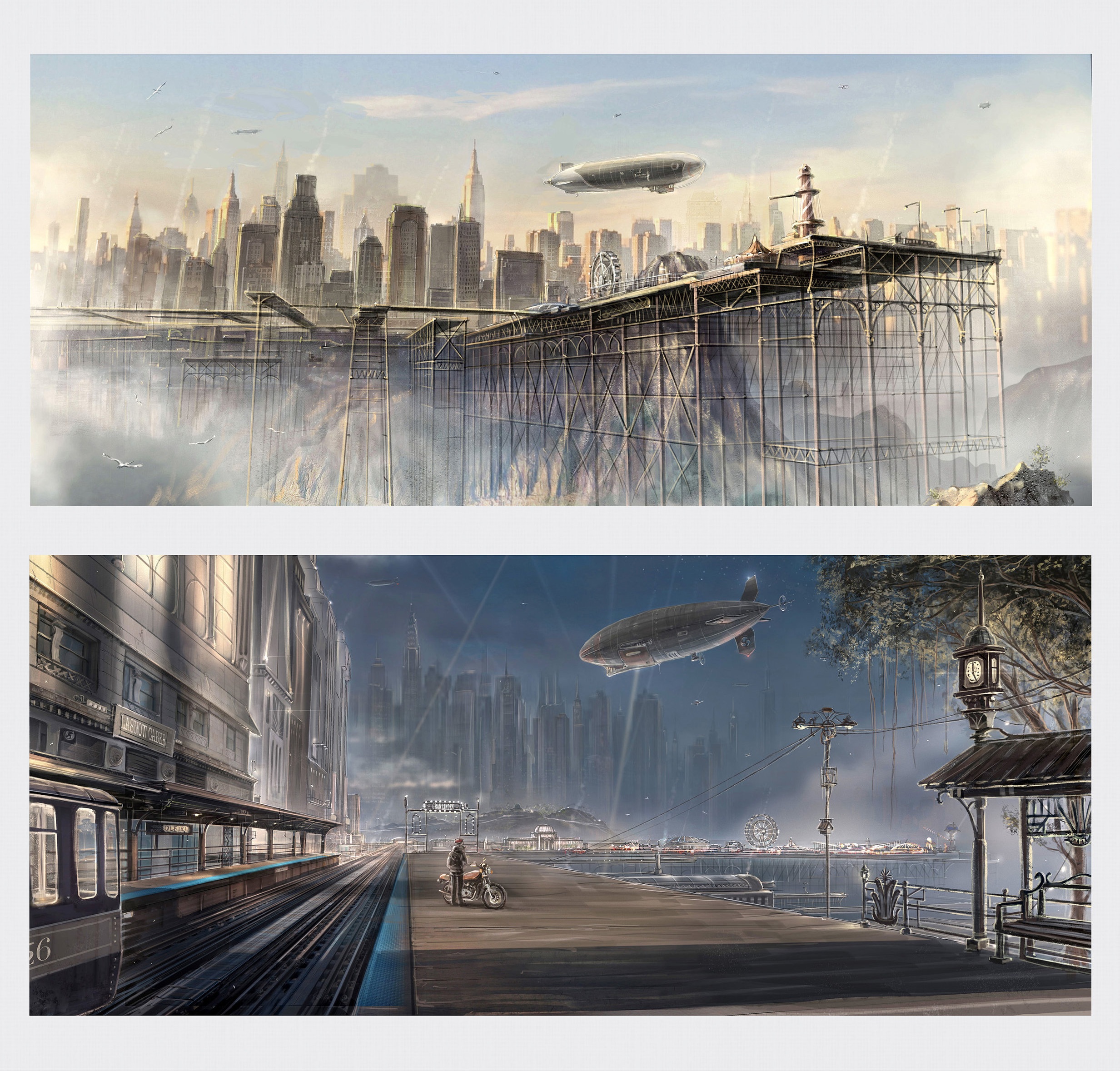 Top: Bird's approach to Malendar *** Bottom: Twilight at the edge of pier country Malendar, capital of the Iaran Federation, is a deco-esque metropolis perched atop a cluster of mesas. This is a world of some very strange topography. The planetary surface puts one in mind of a cracked riverbed — such habitable ‘land’ as exists is rent by fissures, valleys, and sinkholes plunging into a slowly turning geological morass. Less than twenty percent of it has developed into exposed bodies of water, and rivers run as often as not straight over cliff faces or slip furtively below ground into vast, abyssal realms of squirming lightlessness