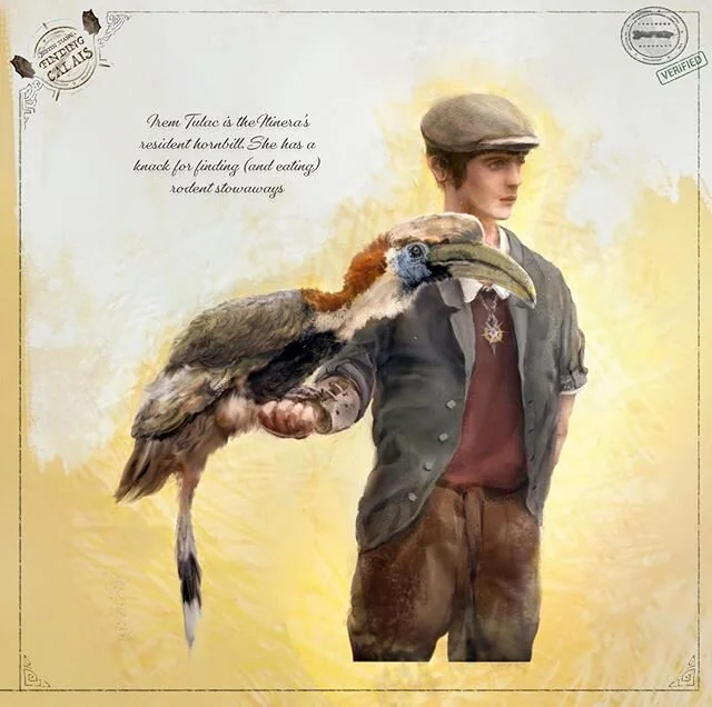 I've been wanting to draw a hornbill in connexion with #findingcalais for a very long time, but never got down to it. Now I have! In the world of Finding Calais, a great seabird (or, in exotic circumstances, a hornbill) bonds with an excursion airshi