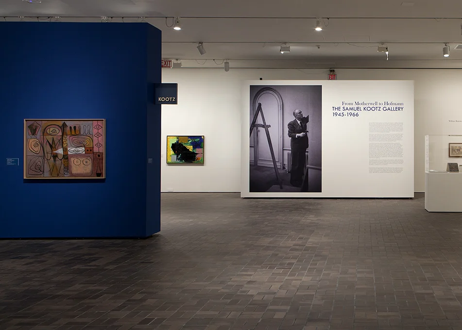 Installation view of "From Motherwell to Hoffman: The Samuel Kootz Gallery" at the Neuberger Museum. At left: Adolph Gottlieb Pictograph 1946 36 x 48” Oil on canvas