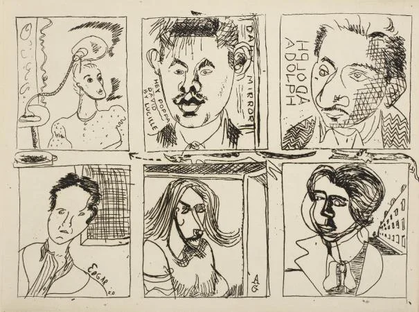 Adolph Gottlieb, SIX ARTISTS ETCHING, 1933 - 1974, etching on wove paper, image size = 5 3/4 x 7 3/4" sheet size = 9 3/4 x 10 5/8” ©Adolph and Esther Gottlieb Foundation/Licensed by ARS, NY, NY⠀