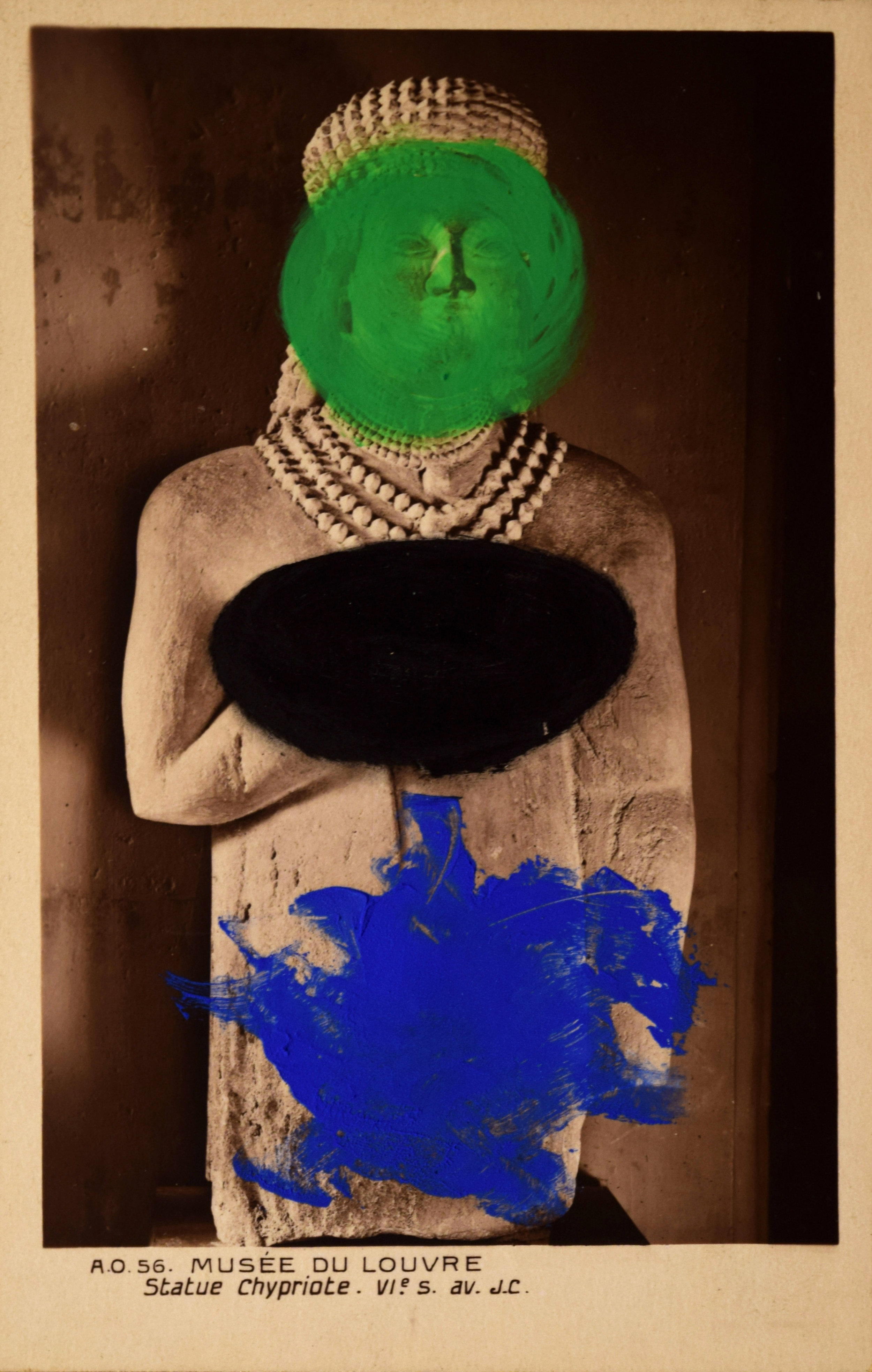 STATUE CHYPRIOTE, 1963, acrylic on postcard, 5 1/2 x 3 1/2 “
