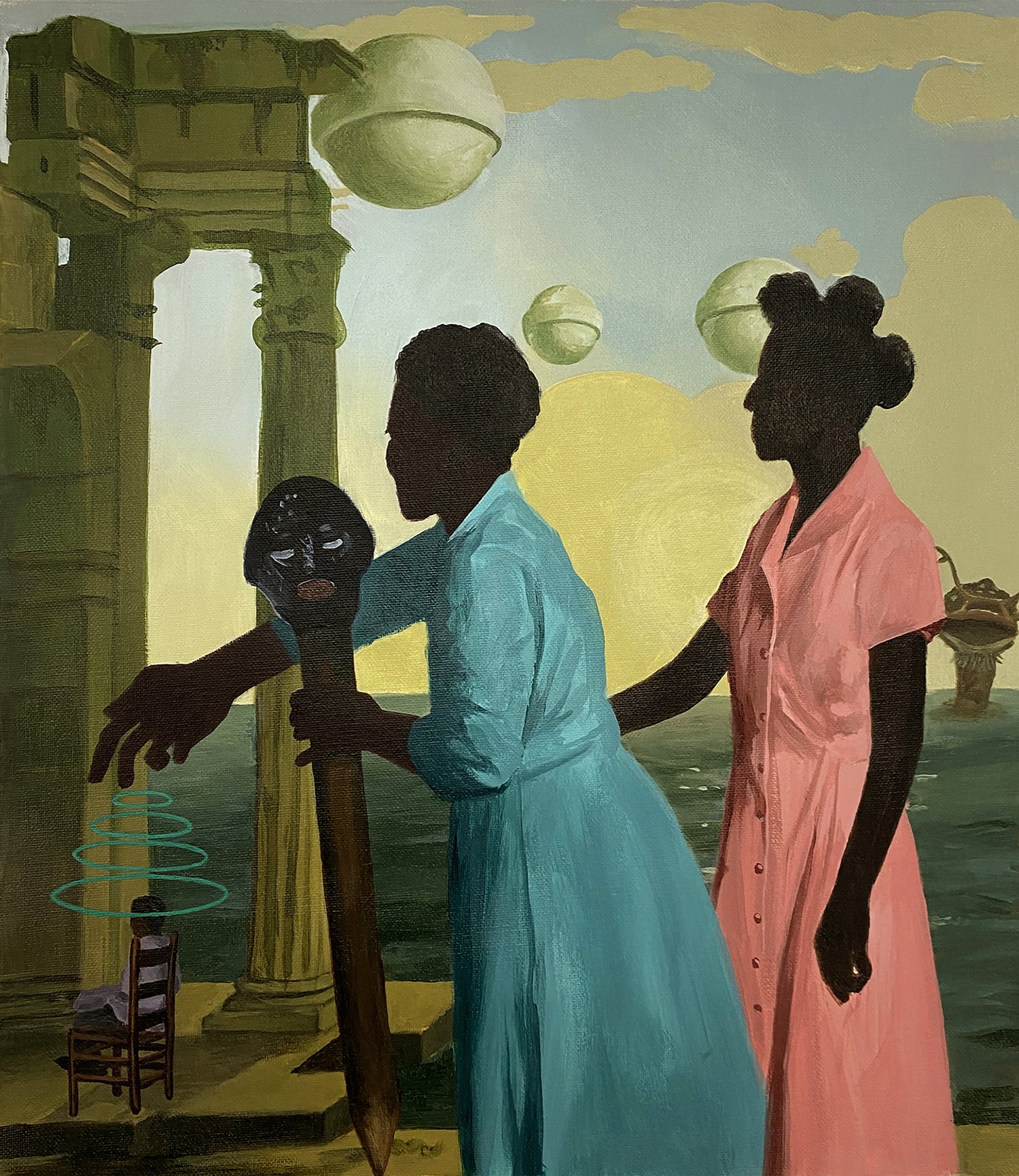   Ronald Hall   Brooklyn, NY @ronaldhallstudios    Madams of the Black Ether , 2022  Acrylic on canvas  20 x 18 inches   Ronald Hall creates otherworldly spaces in which figures engage in and reflect upon the past, present, and future. Shifting betwe