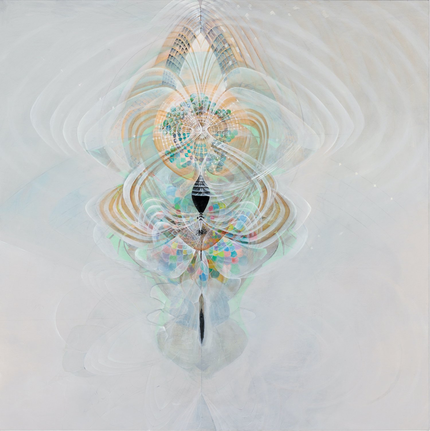   Amy Myers   Brooklyn, NY @amymyersstudio    Hydromelodic Event , 2022  Oil on canvas  60 x 60 inches  Amy Myers’ large-scale drawings and paintings simultaneously reference particle physics, biology, philosophy, and the human mind.  Myers has recei