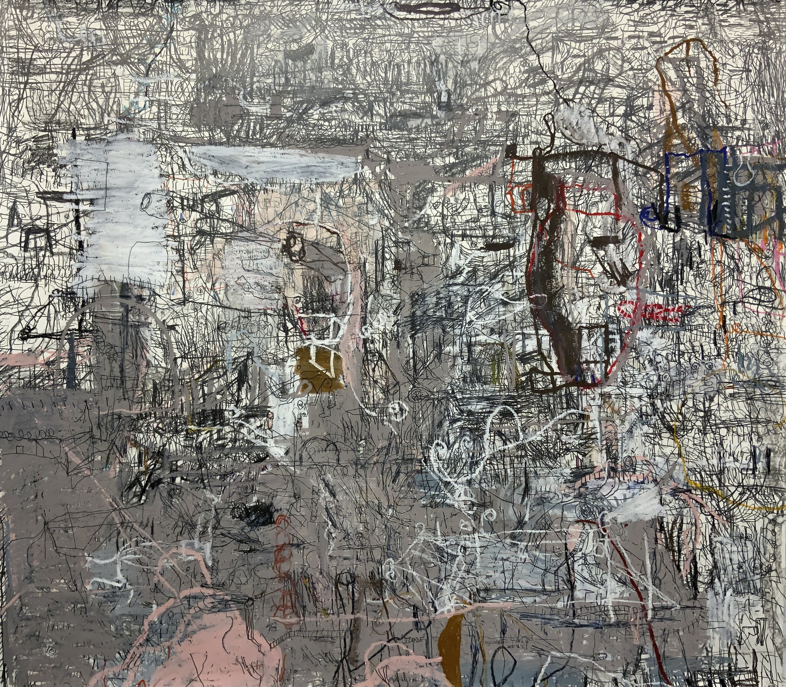   Michael Hall   Salt Lake City, UT   June , 2022  Pencil, pastel, oil pastel on paper  42 X 38 inches   Michael Hall was born in 1952 in Lafayette, Indiana. He graduated from the Art Academy of Cincinnati in 1974. Aiming to separate himself from the