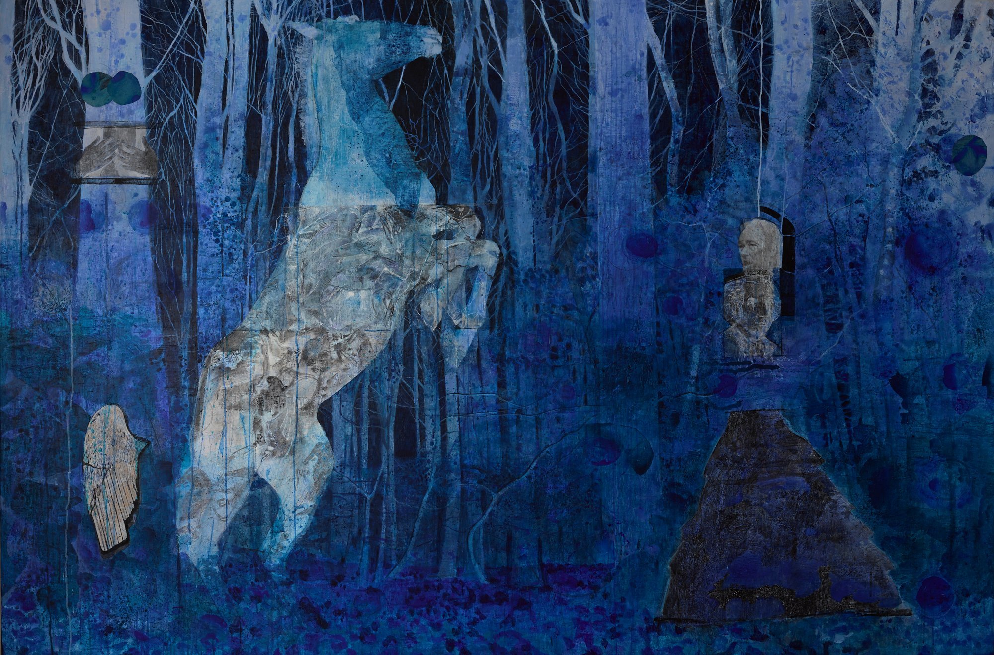   Hélène Pavlopoùlou    Athens, Greece @helenepavlopoulou   Voltaire and Assange in an Arcadian Forest , 2022  Acrylic, oil on prepared canvas  63 x 95 inches    Hélène Pavlopoùlou studied painting at the Athens School of Fine Arts. Her work is in ma