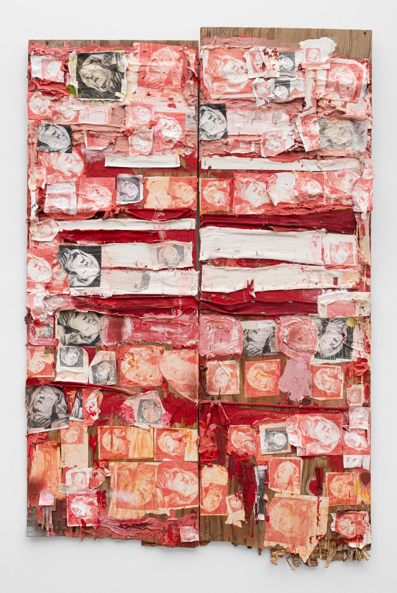  Peter Gallo&nbsp;  Hyde Park, VT&nbsp;  @   p_e_t_e_r_g_a_l_l_o    Possession,  2024 Oil, fabric, screenprints, staples, on found&nbsp; wood panels 51 1/2 x 33 inches  Peter Gallo received a BA from Middlebury College and an MA and PhD in Art Histo