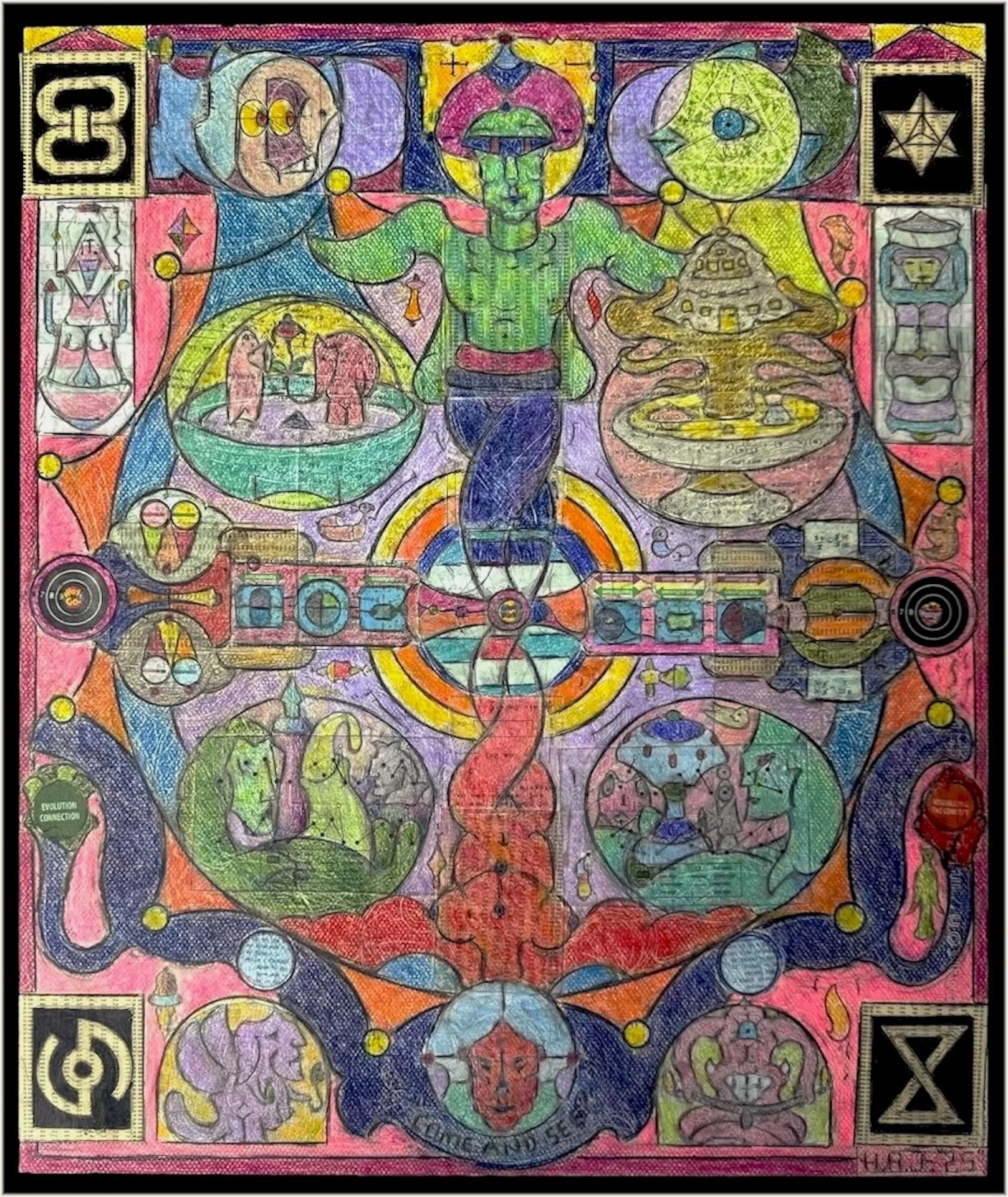   Howard Johnson  Hudson, MA&nbsp;  @8thring    Man-Dala: Matricks, TransHuman Series, Wheel of Human Creation , 2025 Ancient computer punch cards, dot matrix paper to give the effect of a printed universe, pastel paper, various technical text, biolo