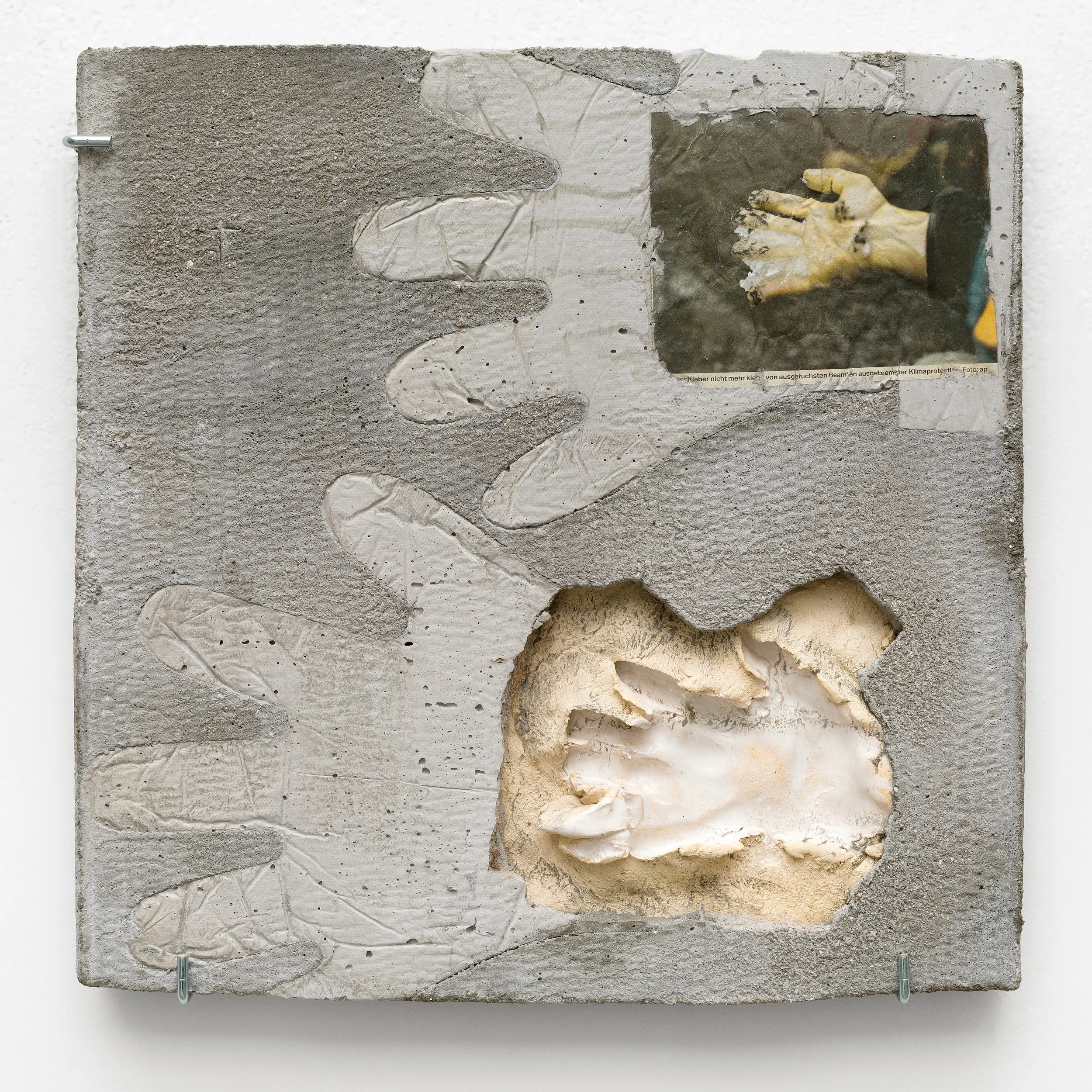   Matheus Rocha Pitta&nbsp;  Berlin, Germany  @rochapitta_aka_rockpicture    Slab # 107 (Klimakleber and Joaquim),  2024 Concrete, paper, glazed clay, and Indian Ink 15 x 15 x 1 inches  Matheus Rocha Pitta was born in 1980 in Tiradentes, Brazil, a sm