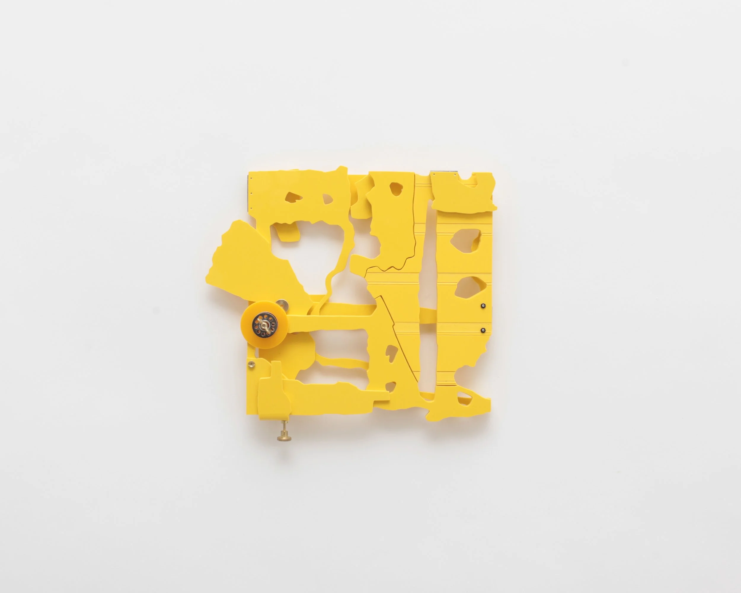   Ken’Ichiro Taniguchi  Berlin, Germany  @k.taniguchi_sculpture_studio    NIU Art Museum, DeKalb, Illinois, USA , 2025  &nbsp;&nbsp;&nbsp;&nbsp;&nbsp;&nbsp;  Compressed PVC, brass, screws, hinges, acrylic plate, bobbin 9.45 x 9.06 x 1.97 inches  Ken’