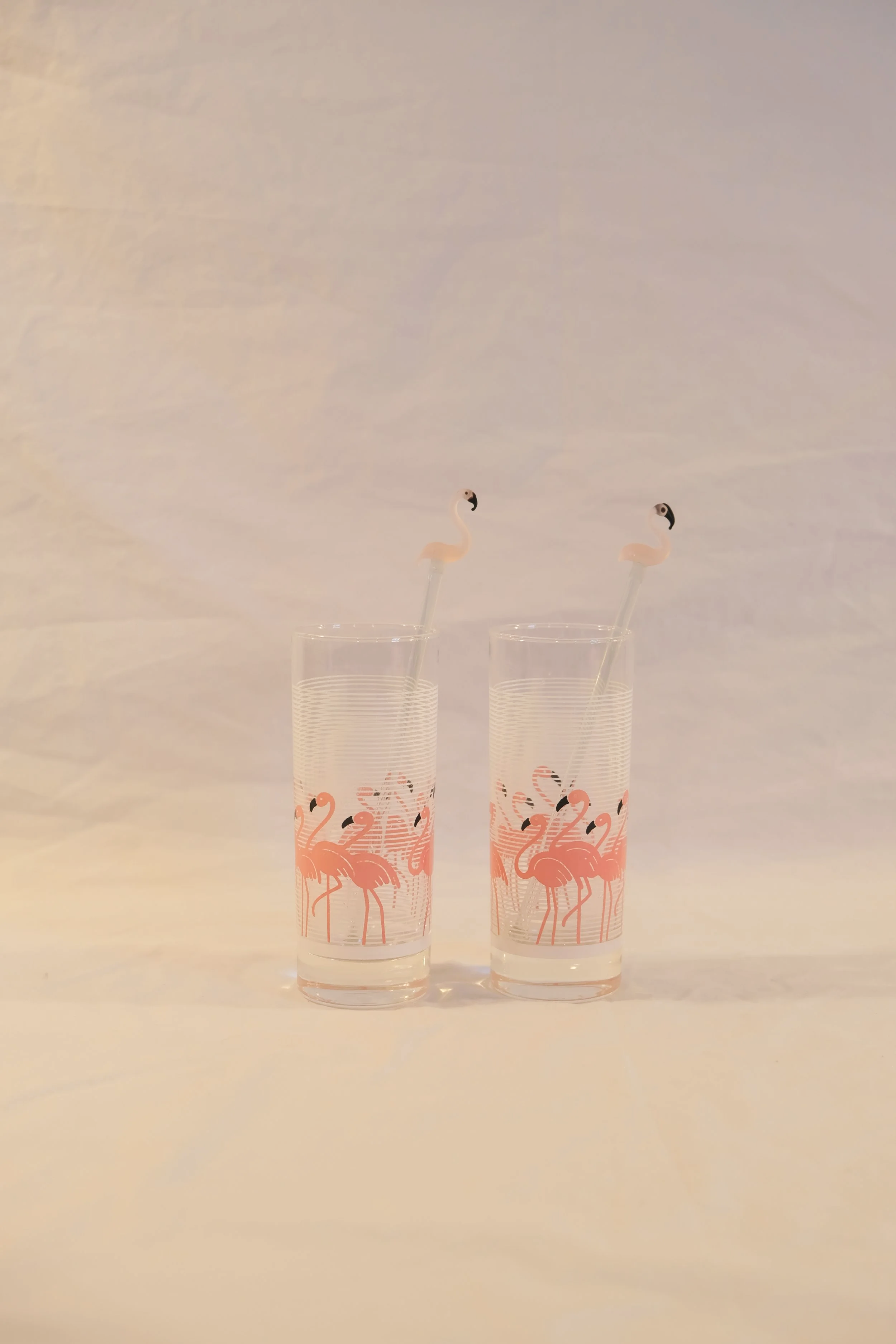 1980's Flamingo Collins Glass Set & Stir Sticks