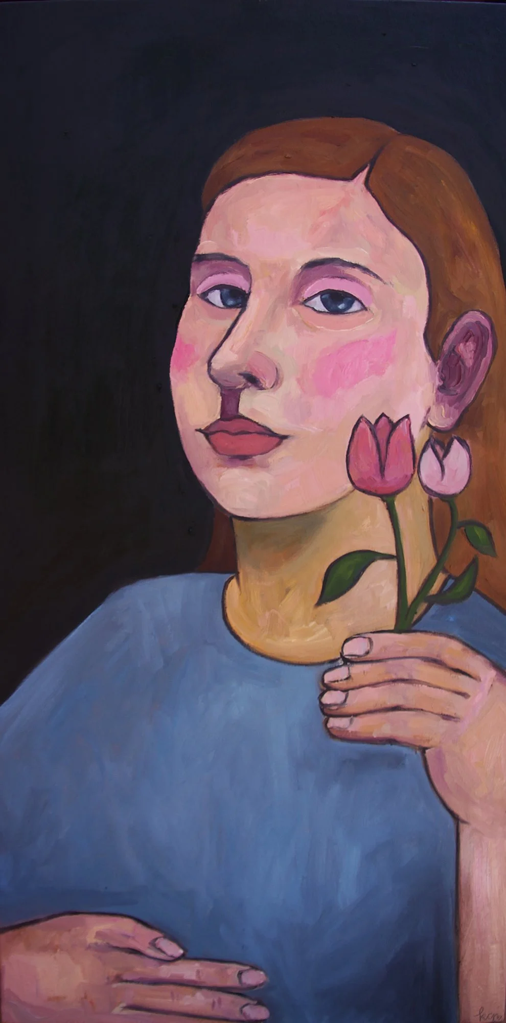 "Self Portrait Holding Tulips". 2018. oil on canvas. 
