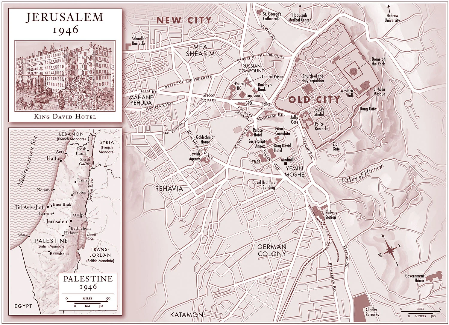 Endpaper map for Anonymous Soldiers: The Struggle for Israel, 1917–1947, by Bruce Hoffman (Knopf 2015). Map Copyright © David Lindroth Inc. Originally published in grayscale, this image was converted to duotone for this appearance.