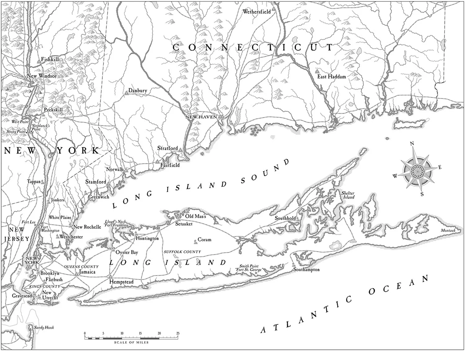 For Washington’s Spies, by Alexander Rose (© Bantam Dell 2007); drawn to emulate an eighteenth century original, with roads and labels edited to focus on places featured in the book.