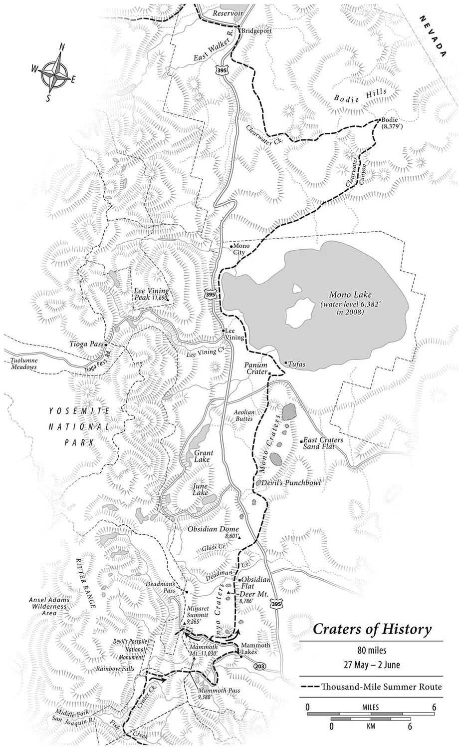 From California Serendipity: The Thousand Mile Summer Revisited, by Andreas M. Cohrs. Map Copyright © 2012 David Lindroth Inc. Cohrs repeated Colin Fletcher's route described in The Thousand-Mile Summer: In Desert and High Sierra (1964).