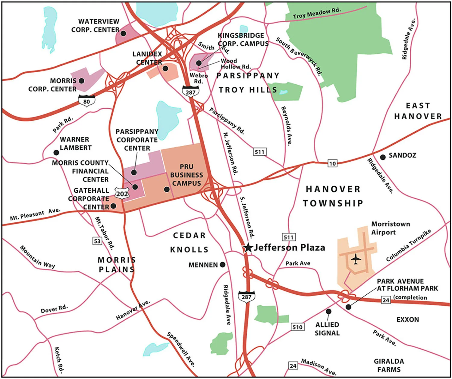 For a commercial real estate promotion, commissioned by Roberts & John, Parsippany, NJ. Map copyright © David Lindroth Inc.