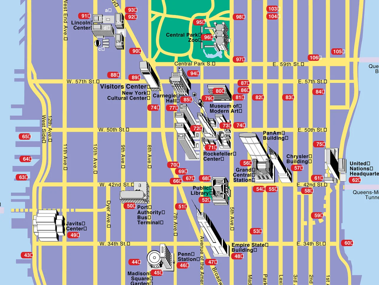 In 1991 we were asked to render major points of interest in Manhattan. Later the buildings were removed, the maps became more densely bulleted, and the color palette and typography changed several times.