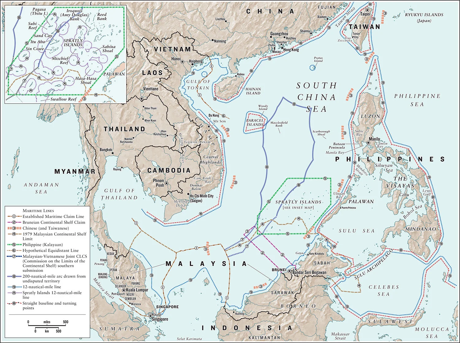 Competing claims to the South China Sea, from Asia's Cauldron: The South China Sea and the End of a Stable Pacific, by Robert D. Kaplan (Random House, 2014. Map copyright © David Lindroth Inc. 