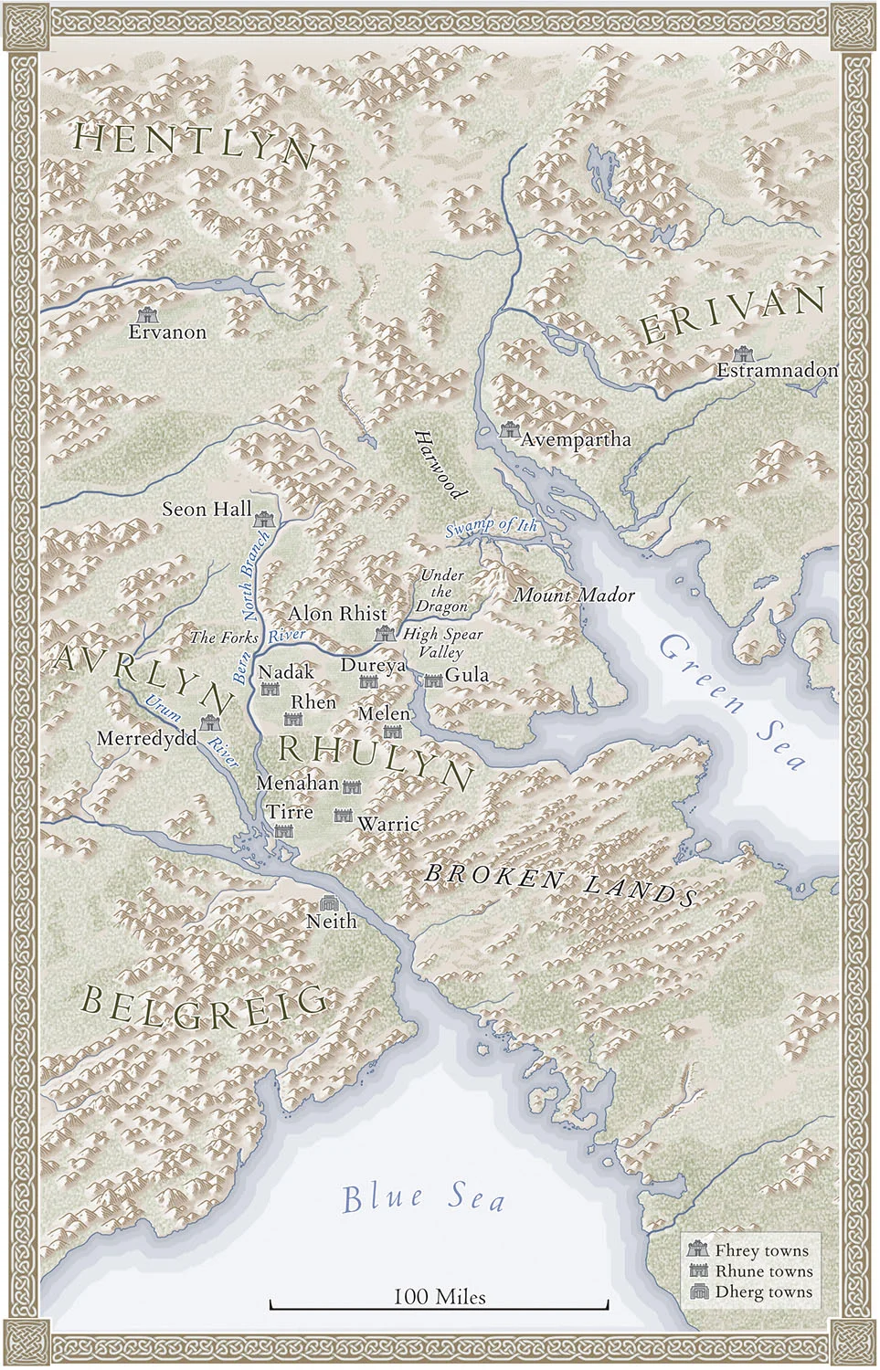 For Age of Myth, by Michael J. Sullivan (Del Rey, 2016). Map copyright © David Lindroth Inc. An imaginary world, fleshed out from the author's sketch.