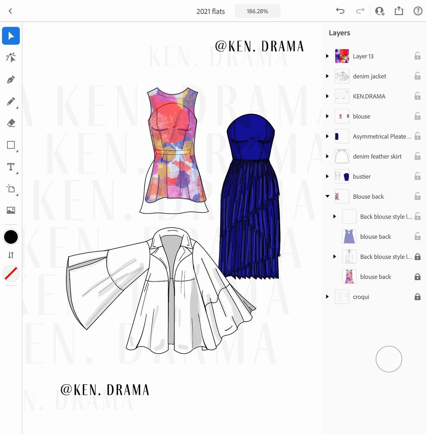 I&rsquo;ve been having so much fun with @adobe Illustrator for iPad! 😍 I love Fashion CAD (Computer Aided Design) so much. It helps me process all of the ideas in my head✨

Swipe to see the pleated material illustrated as well as the white denim 😍&