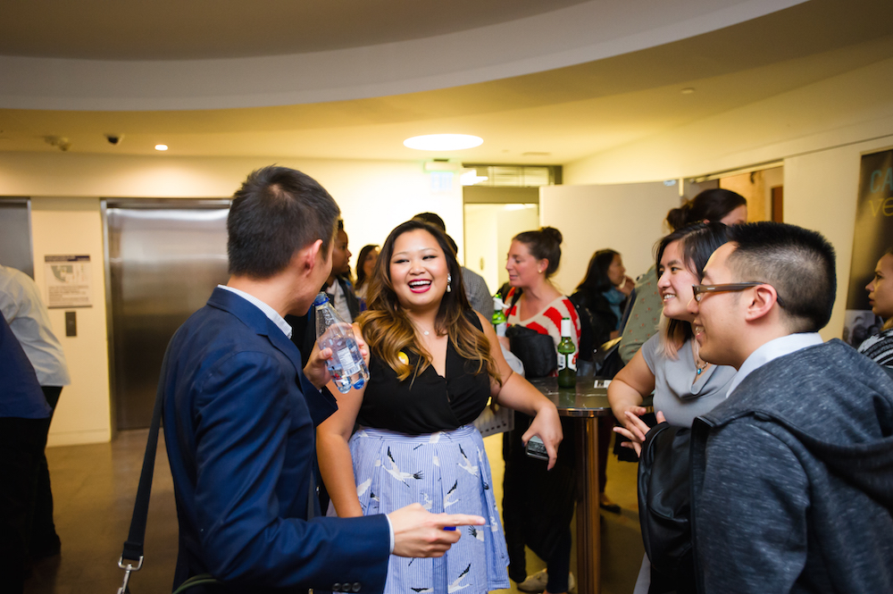  2017 Showcase: Michelle Ching, Literator, talks with her team after the pitch 