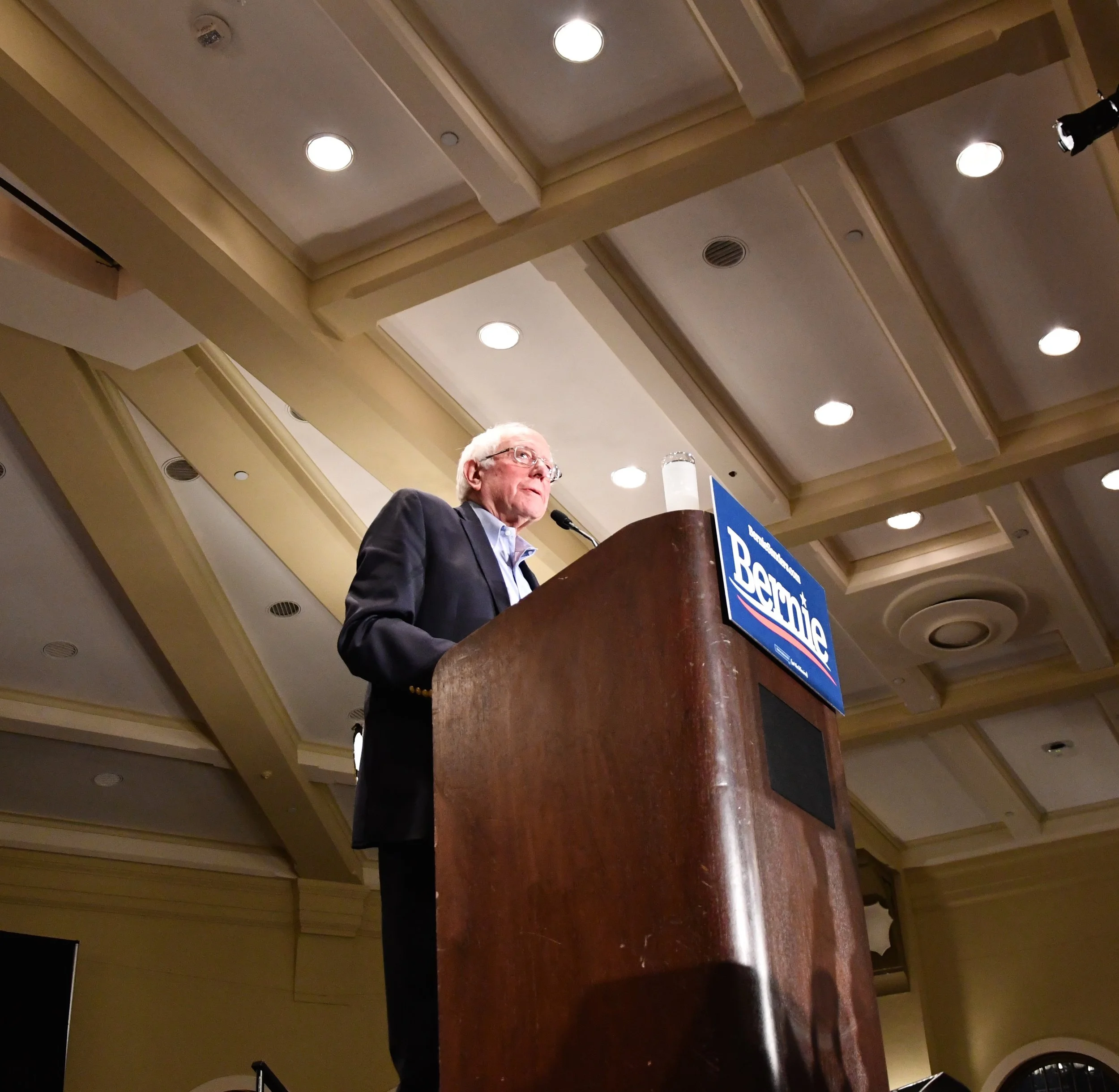 Senator Bernie Sanders at the podium, delivering his speech. Photo by Olivia Harter