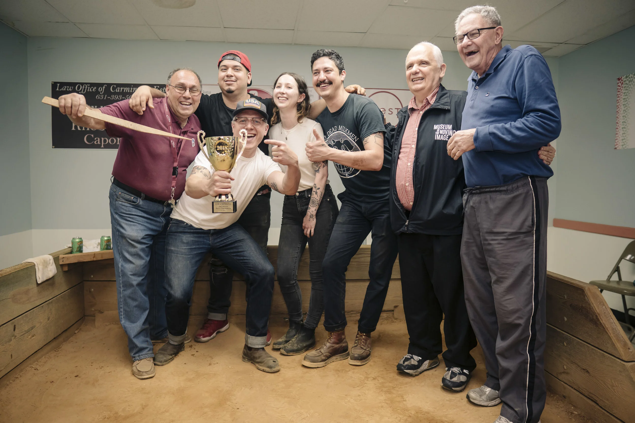 The Meat Hook team with their trophy presented by Assemblyman Joseph Lentol and Conselyea Block Association President Phil Caponegro (far left) and Conselyea Block Association Vice President Frank Citera (far right)