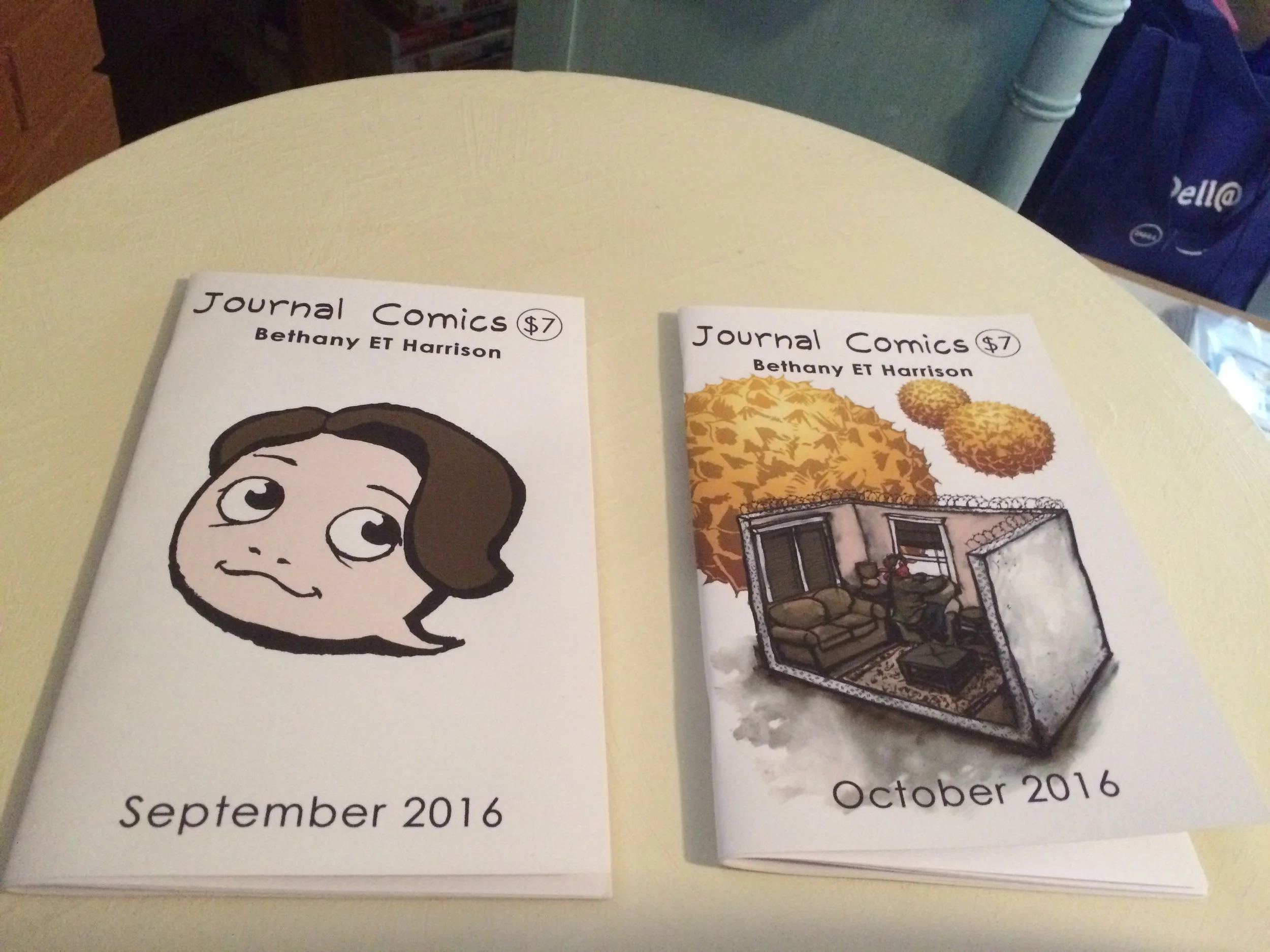 The first two collections of my journal comics. The inside pages are plain printer paper and the cover is an index paper.