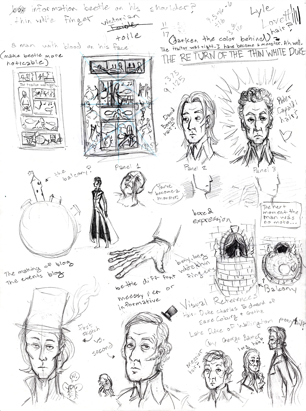 Character and Page SketchesFrom the short story I imagined a older dapper duke character that existed in a fanciful world. I begun with a quick doodle in the bottom left corner.&nbsp;I based his face off of the Late Duke of Wellington and after many…