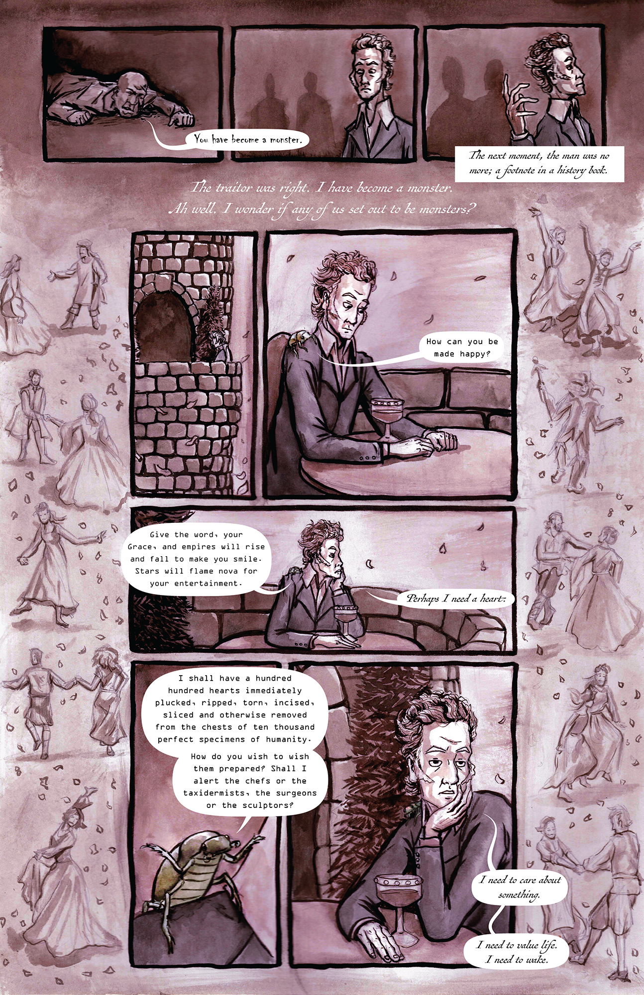 Speech Bubbles and FontI brought the image into illustrator for the speech bubbles and used different fonts for the characters. The dying man should feel raspy so I used the chiller font. The duke should have a fancy royal thin font and the beetle I…