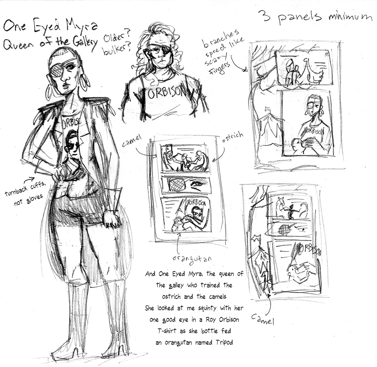 SketchesI chose the section of the song about the character, One Eyed Myra. As an animal trainer, I thought she would be a ringleader. I wanted her to look intense and tough with thick cheekbones. I chose the skinny body shape over the bulky one bas…