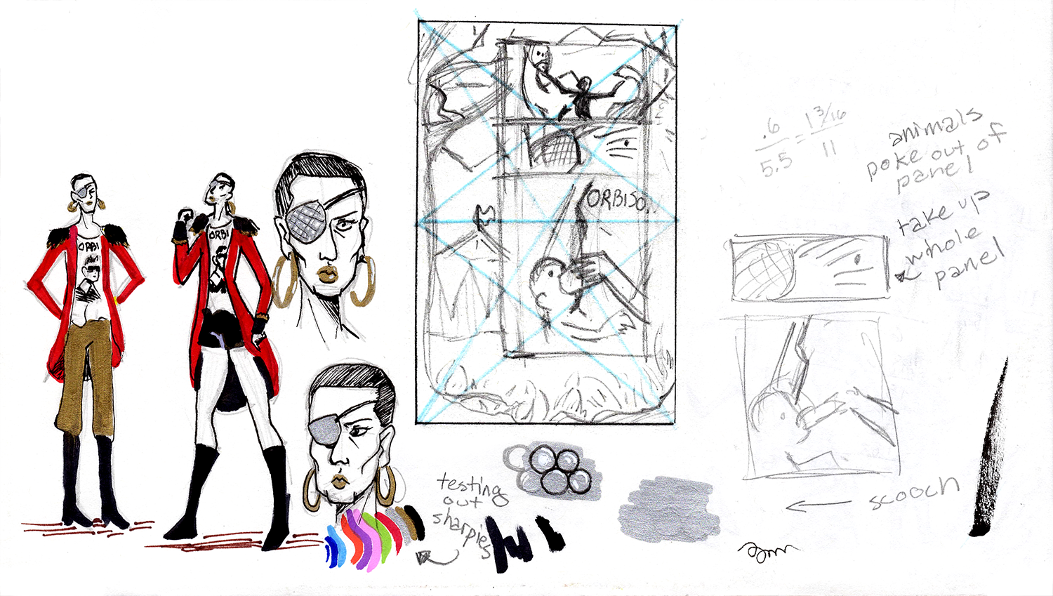 Final Layout and Character SketchesThis final layout takes the best elements from the layout sketches. I also wanted to trying something new with traditional coloring so I tested out my sharpies on One Eyed Myra.