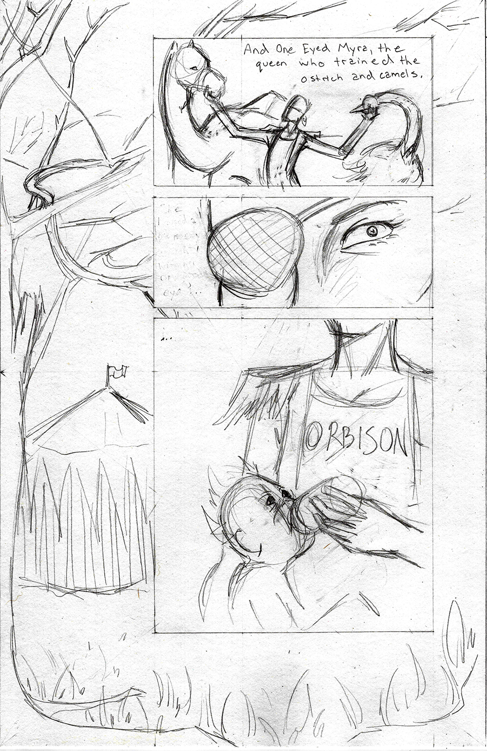Full Size SketchIn the pencil sketch I started testing out how the text would fit because I was thinking of traditionally lettering it. I scraped this idea to do a silent comic. I also erased the contents of these panels and redrew them.