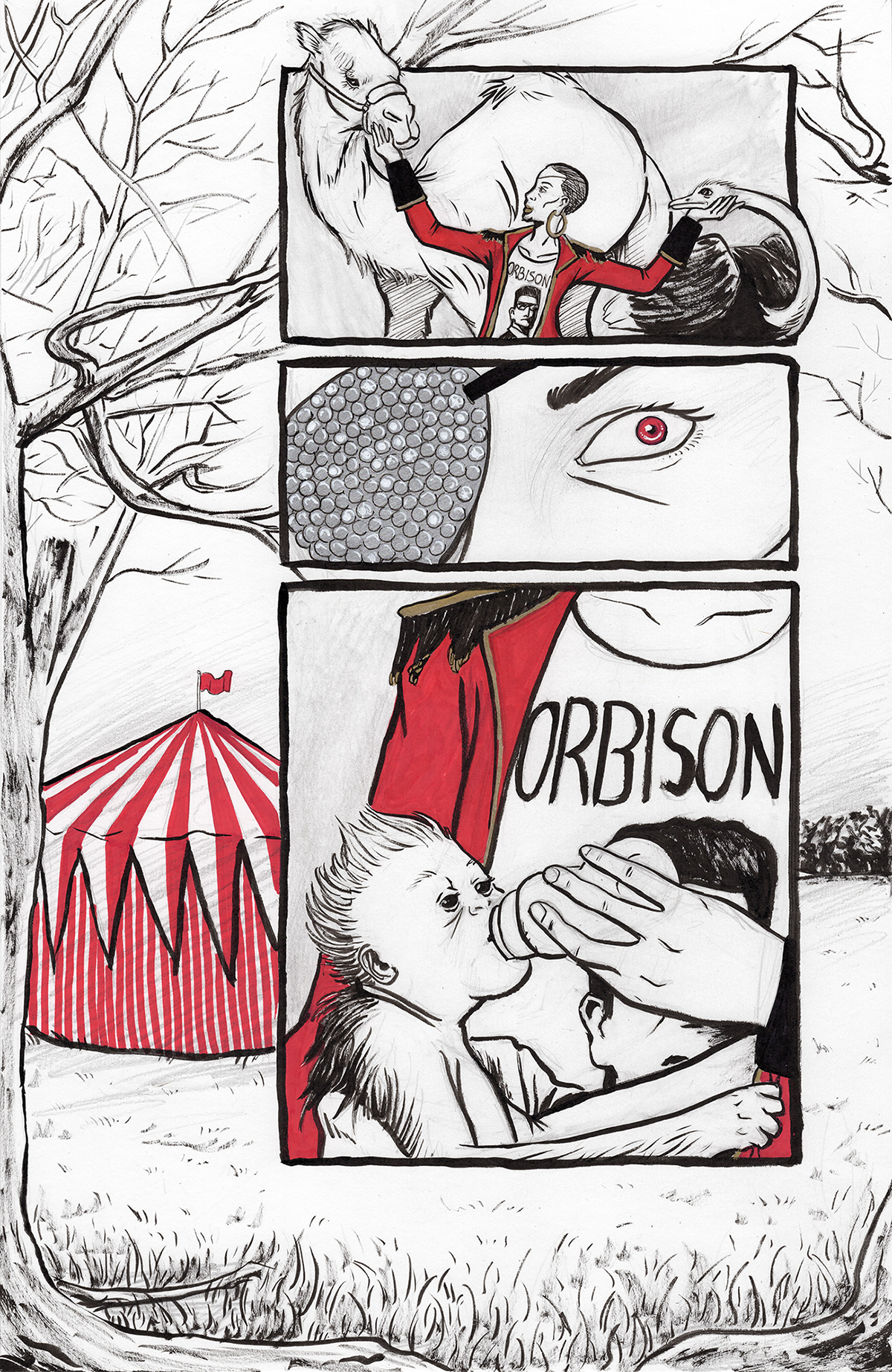 Traditional Ink, Pencil,&nbsp;and SharpieBecause I didn’t have to leave room for text, this left me with space to fill up the panels when I redrew and then inked them.