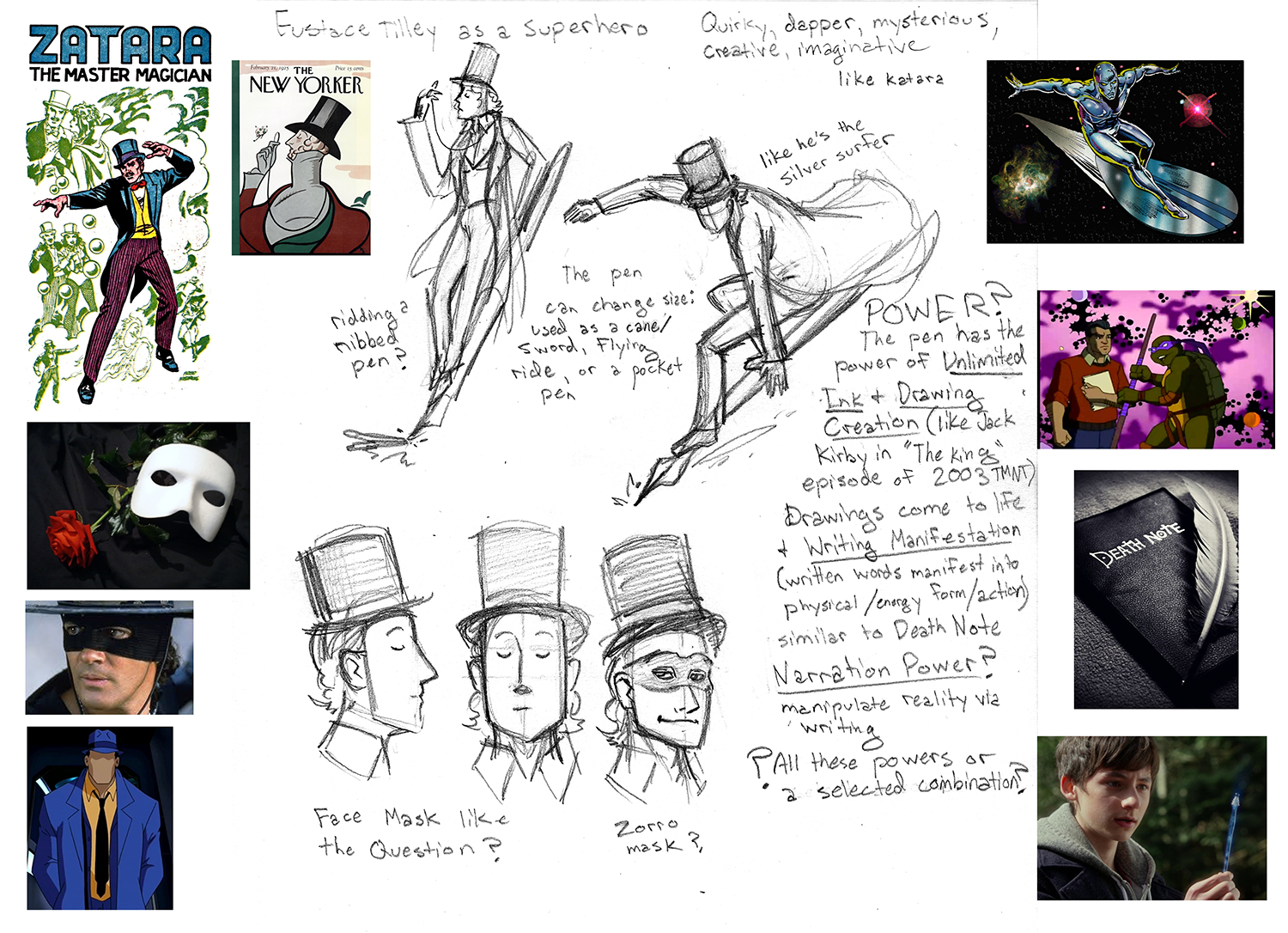 Brainstorming and Sketches&nbsp;I brought in a lot of inspiration from my interests for the character’s appearance and abilities. I wanted the abilities to be connected to Eustace Tilley’s history and origin as a trademark of The New Yorker. The New…