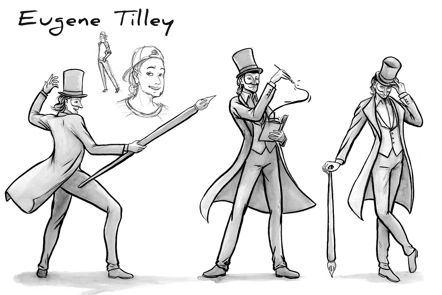 Inked PosesI took out the extra pose because I was having difficulty with figuring out how I wanted the pen to fly with the nib pointing in front or behind. When it was in front made a good place to place his foot but in behind could propel ink to m…