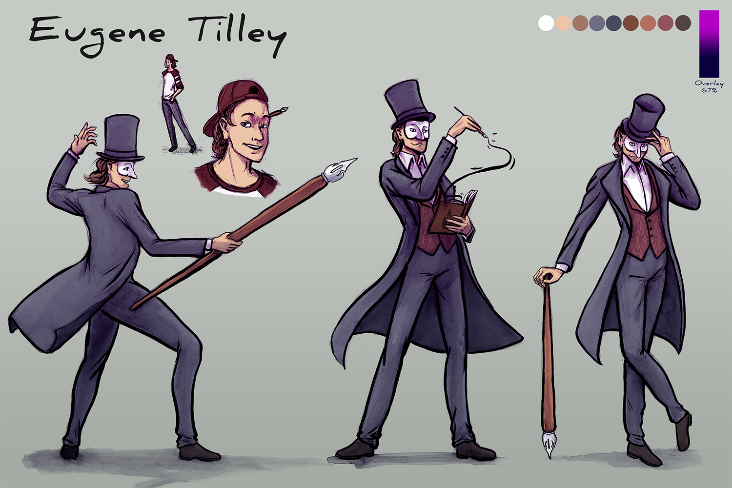 Digitally EnhancedI finished the color bases and found the color scheme that worked. I gave him a tan to reflect off of his athletic life. I also turned the pen nib into his emblem which I put onto the book and turned into a pattern for his vest.